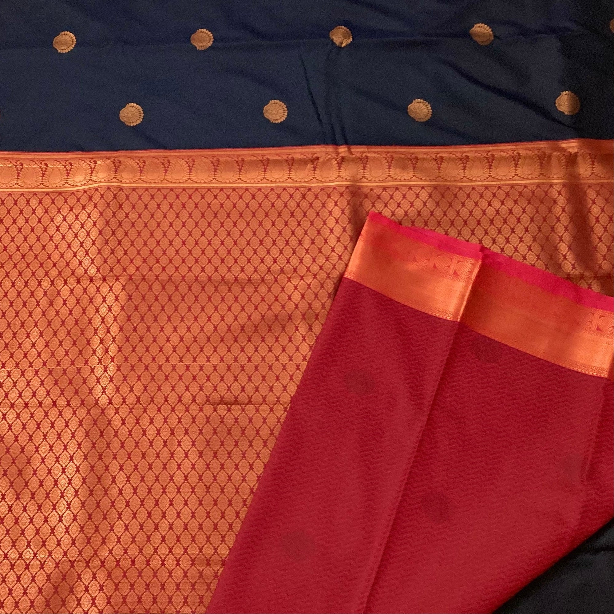 Navy Blue Silk Saree Copper Gold Woven Pallu Traditional Festive