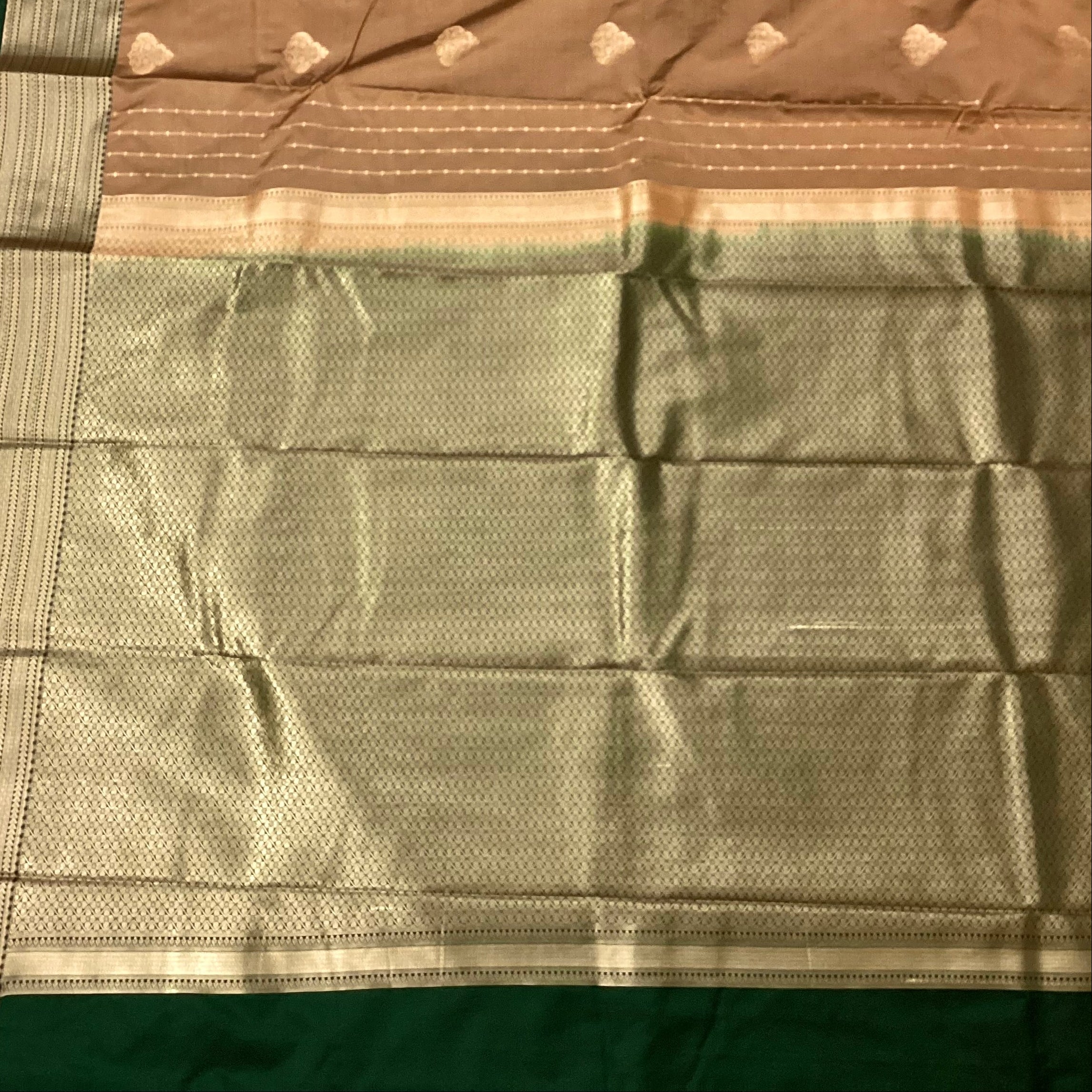 Taupe Brown Silk Saree Silver Brocade Pallu Teal Contrast Border