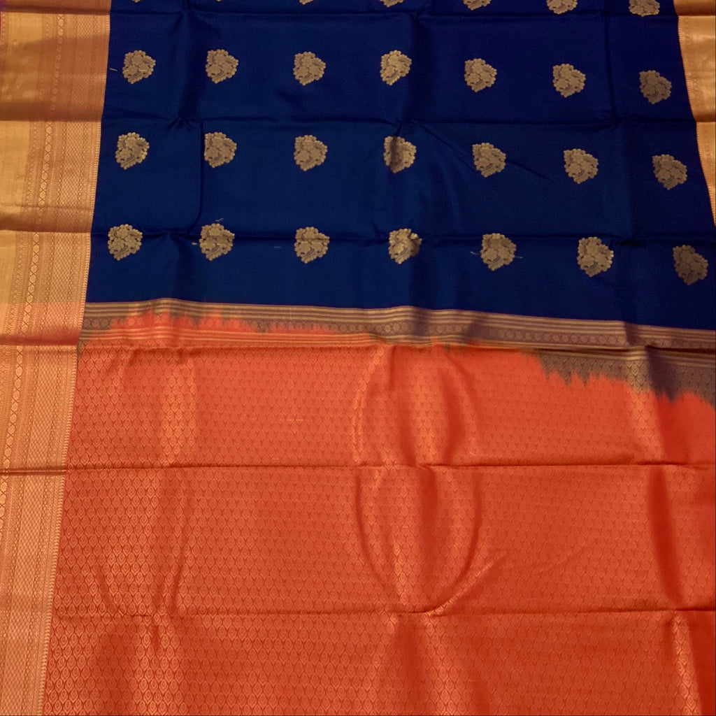 Navy Blue Silk Saree Red Pallu Gold Zari Border Traditional