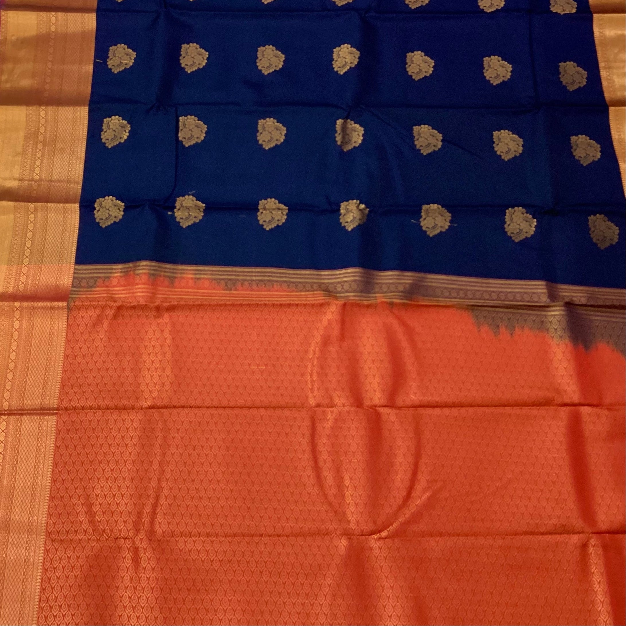 Navy Blue Silk Saree Red Pallu Gold Zari Border Traditional