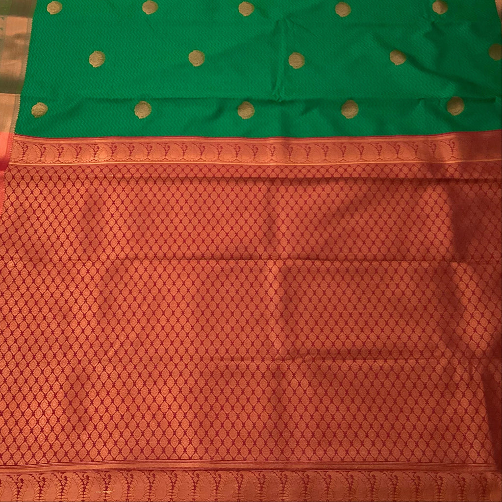 Emerald Green Silk Saree Copper Orange Pallu Gold Buttas Traditional