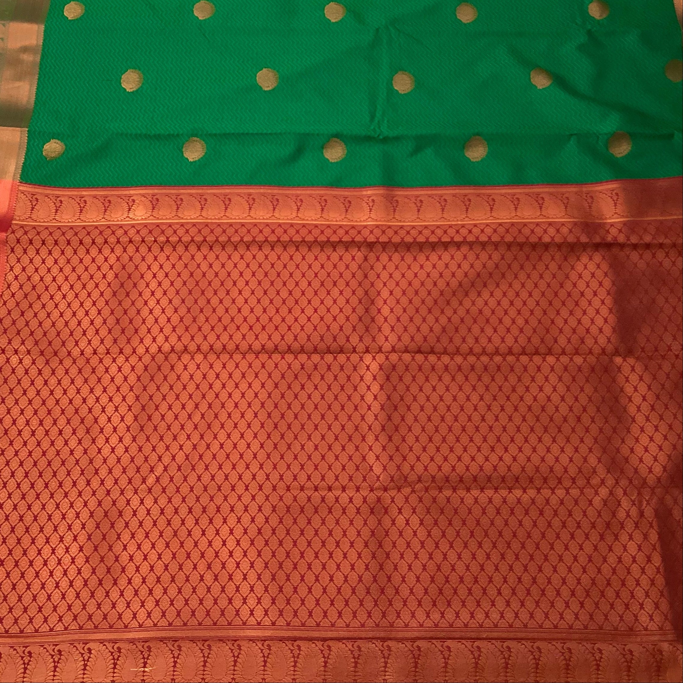 Emerald Green Silk Saree Copper Orange Pallu Gold Buttas Traditional