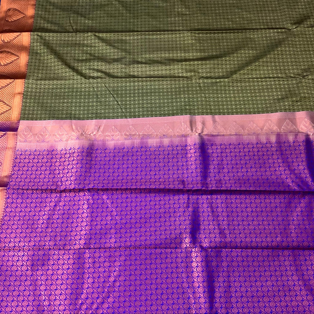 Cobalt Blue Olive Silk Saree with Rose Gold Leaf Border