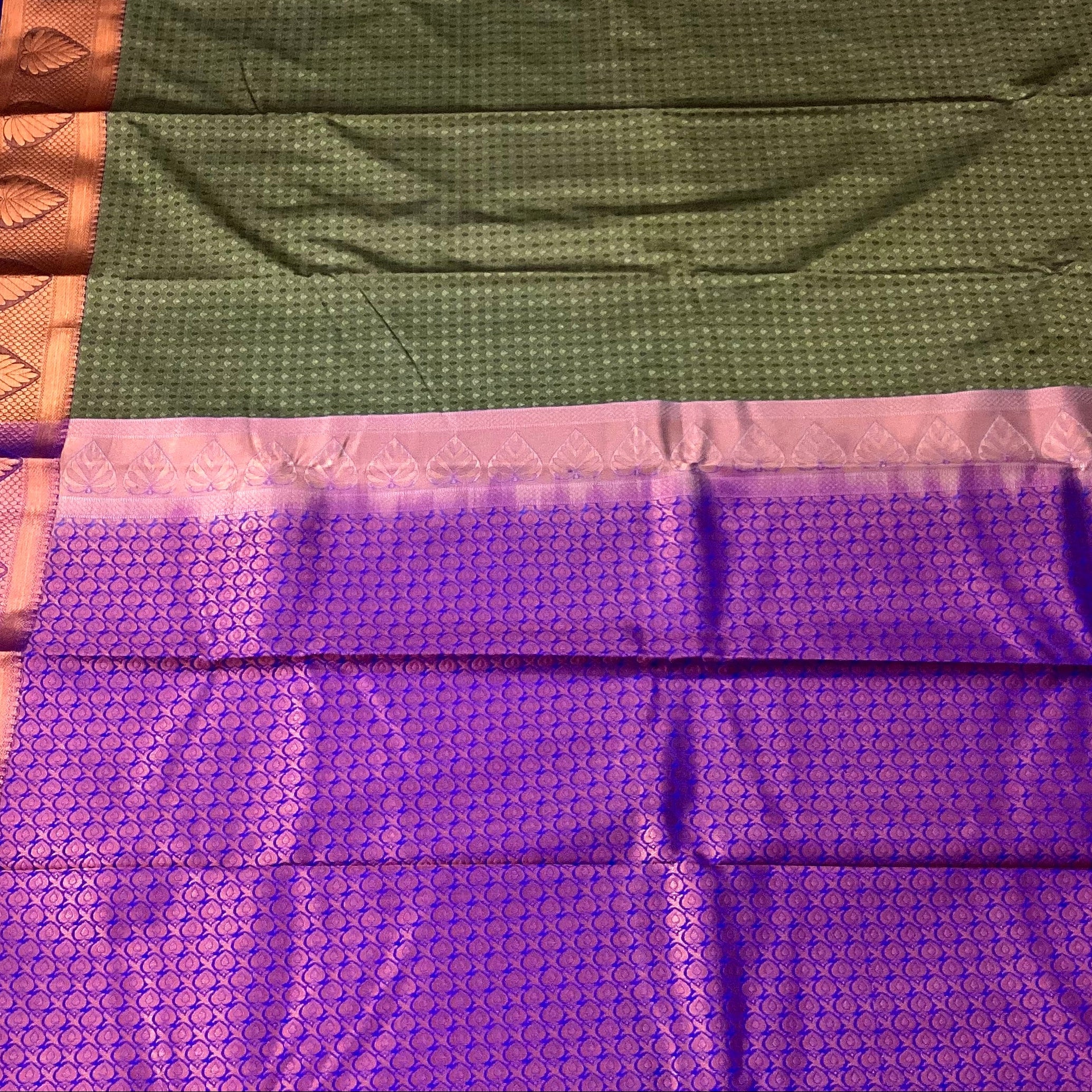 Cobalt Blue Olive Silk Saree with Rose Gold Leaf Border