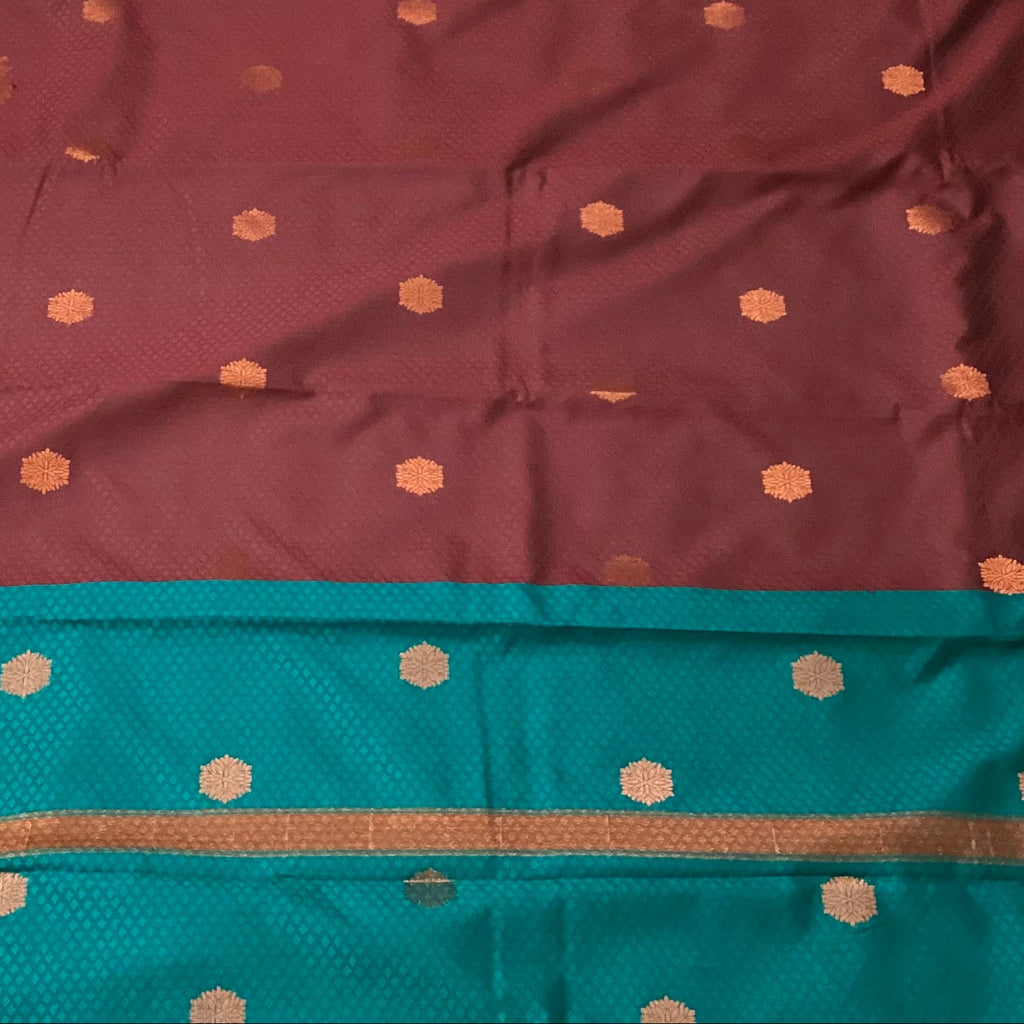 Teal Maroon Silk Saree Gold Zari Floral Buta Broad Border