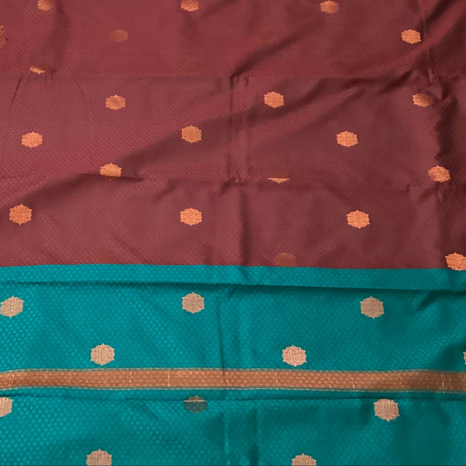Teal Maroon Silk Saree Gold Zari Floral Buta Broad Border