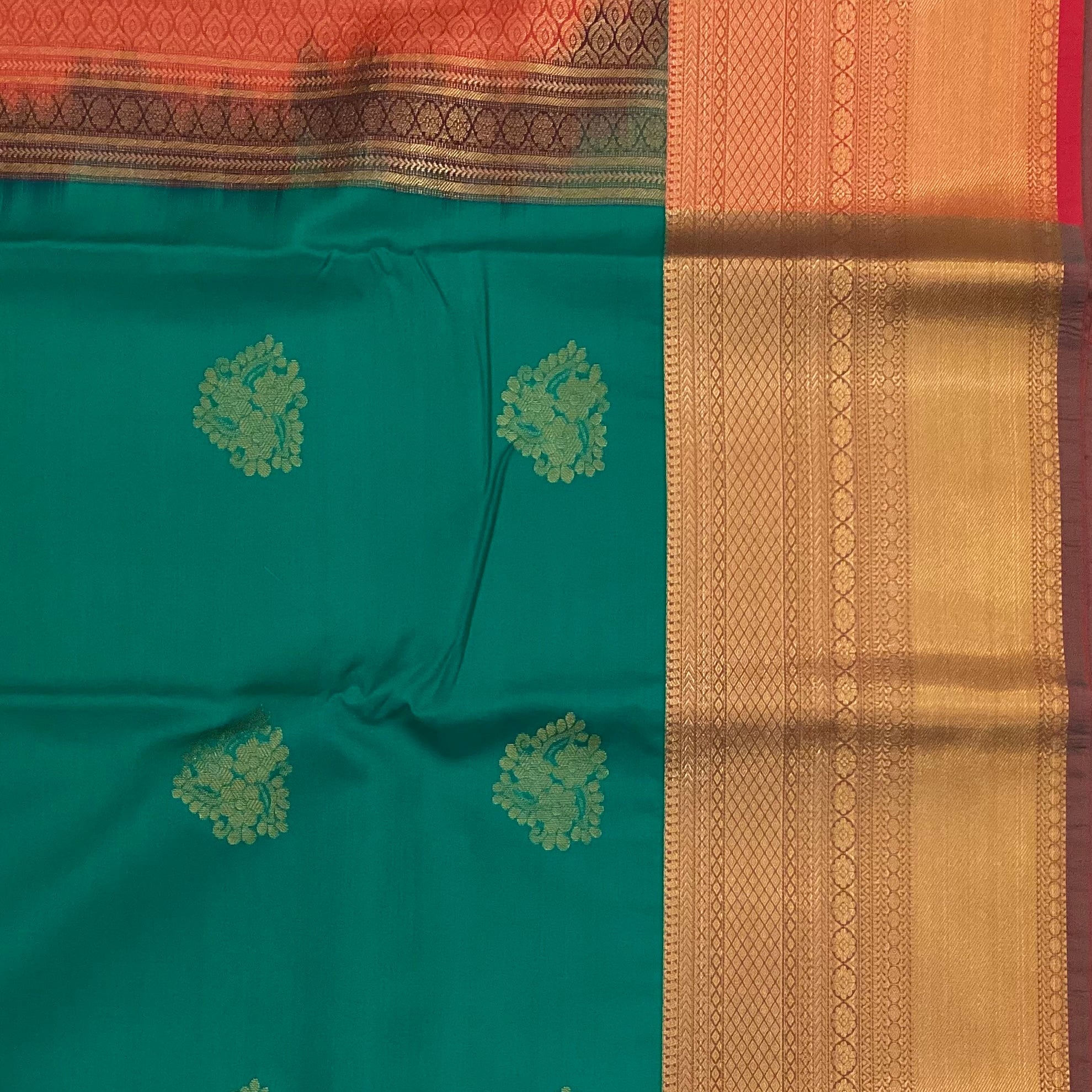 Teal Silk Saree Coral Pallu Gold Border Floral Buti Wedding