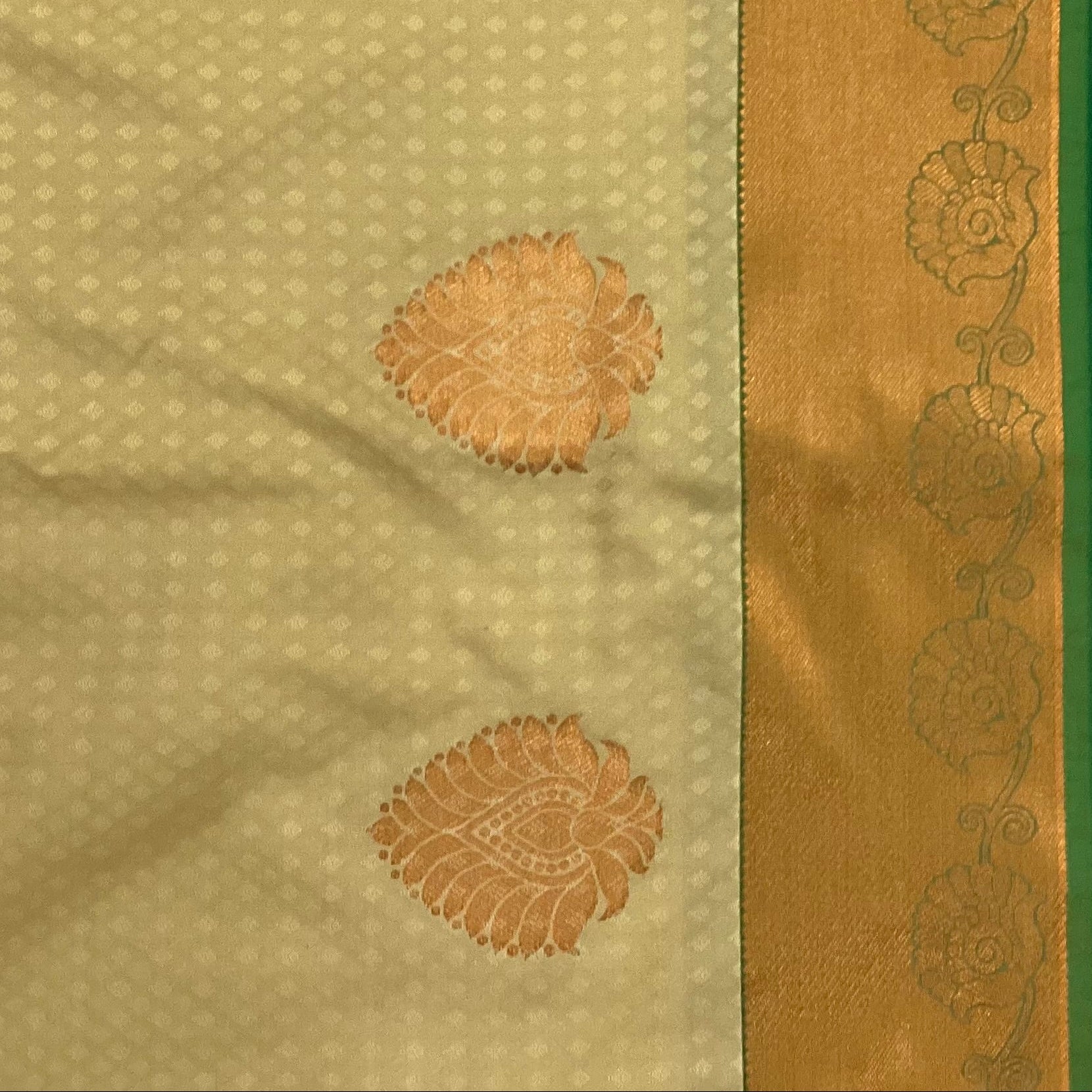 Cream Micro Diamond Saree with Teal Pallu and Copper Zari