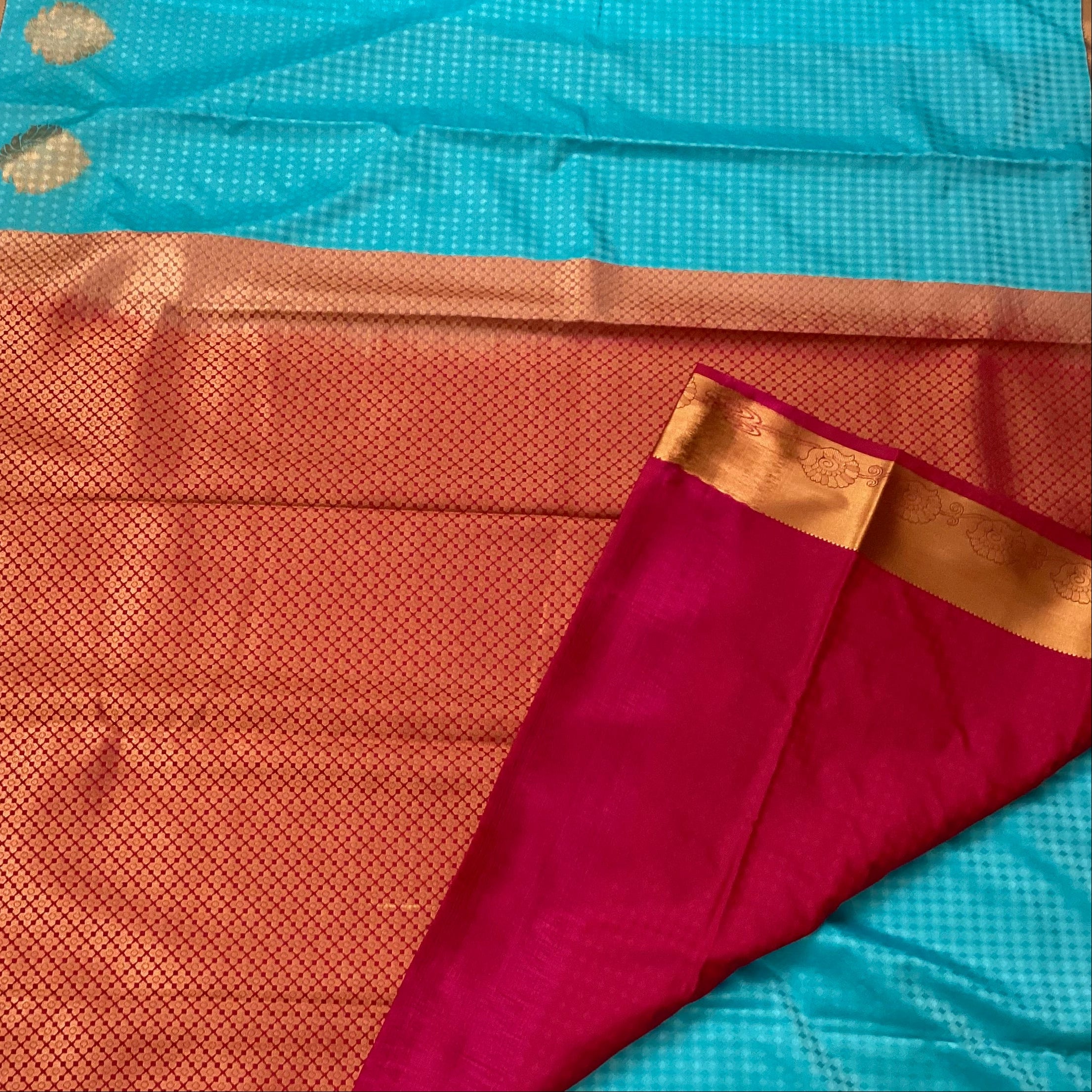 Turquoise Silk Saree with Magenta Pallu Antique Gold Zari Border