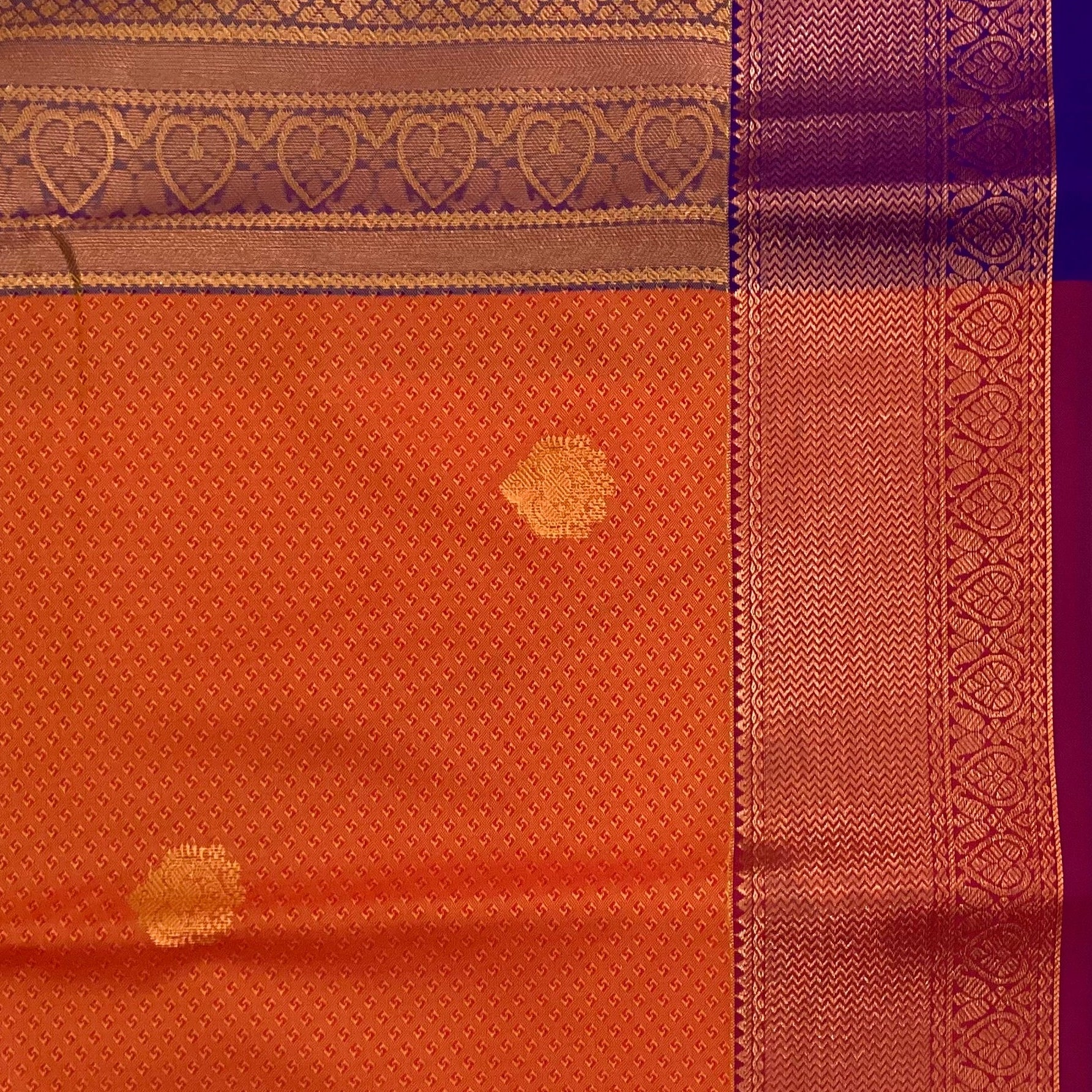 Burnt Orange Saree Violet Pallu Copper Gold Jaal