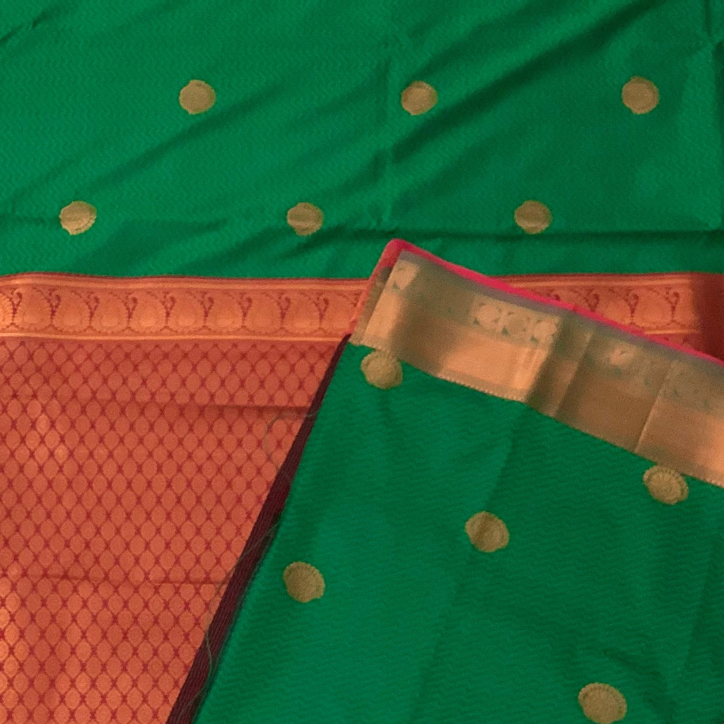Emerald Green Silk Saree Copper Zari Maroon Pallu Traditional Festive