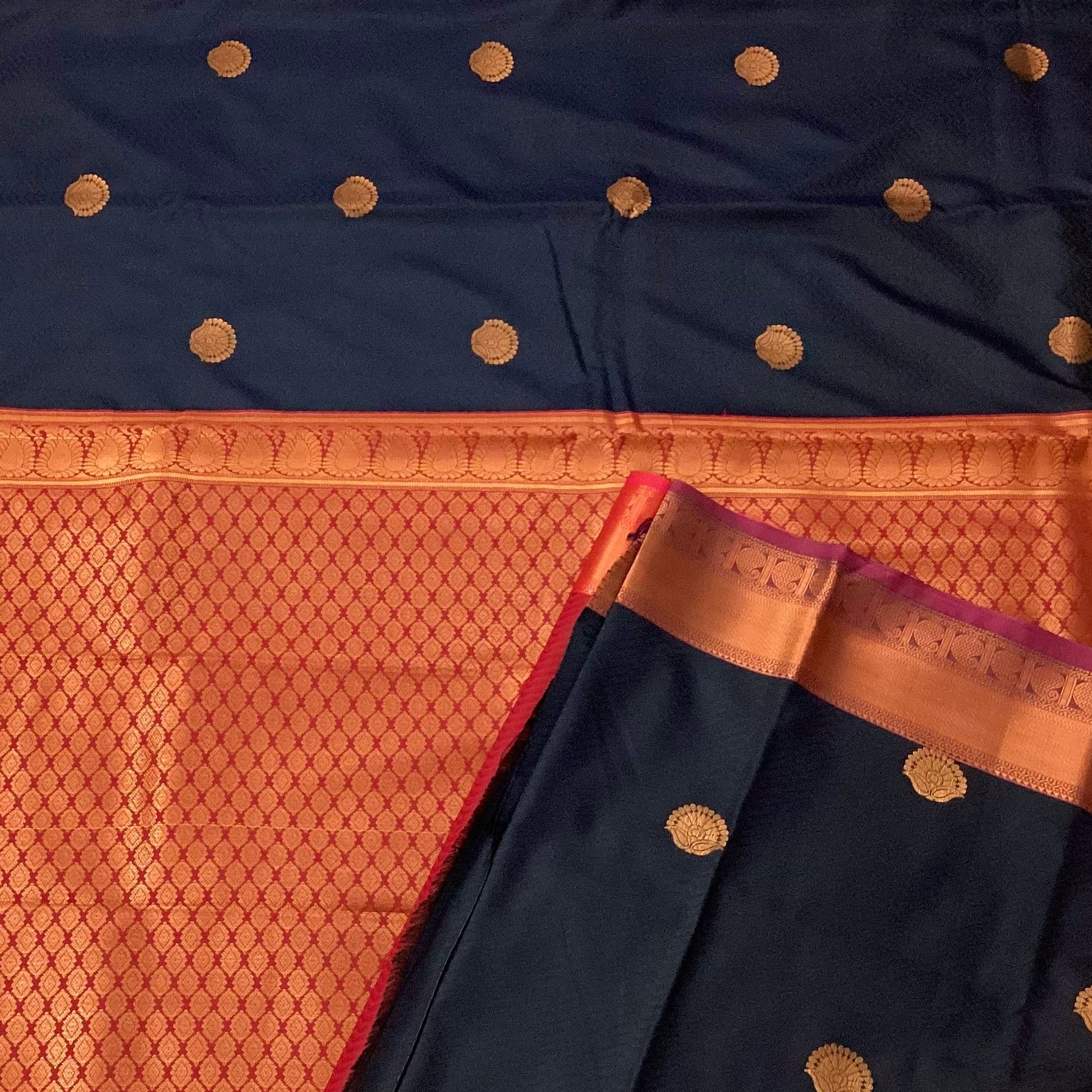 Navy Blue Silk Saree Copper Gold Woven Pallu Traditional Festive