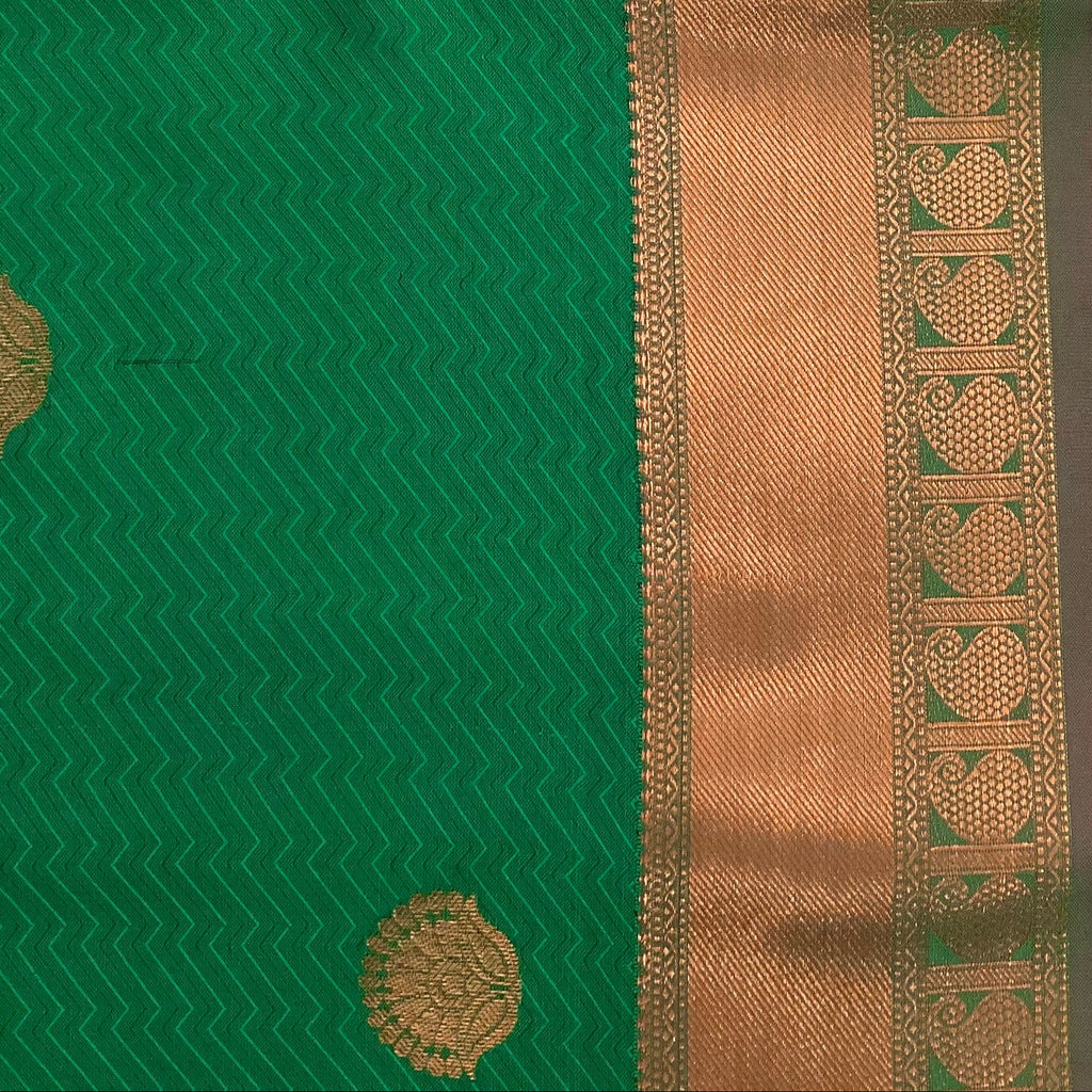 Emerald Green Silk Saree Copper Orange Pallu Gold Buttas Traditional