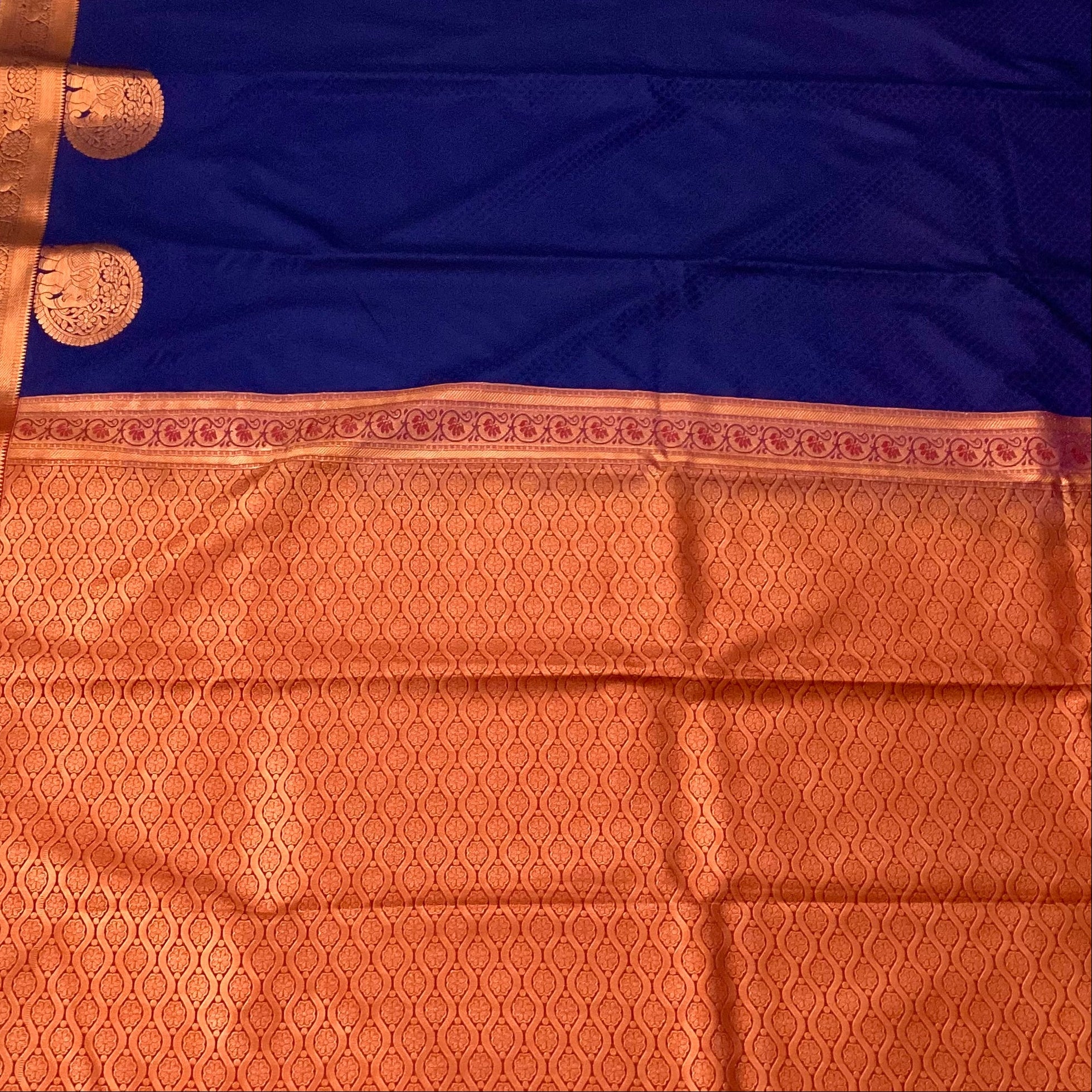 Cobalt Blue Silk Saree Copper Zari Pallu Elephant Border Traditional