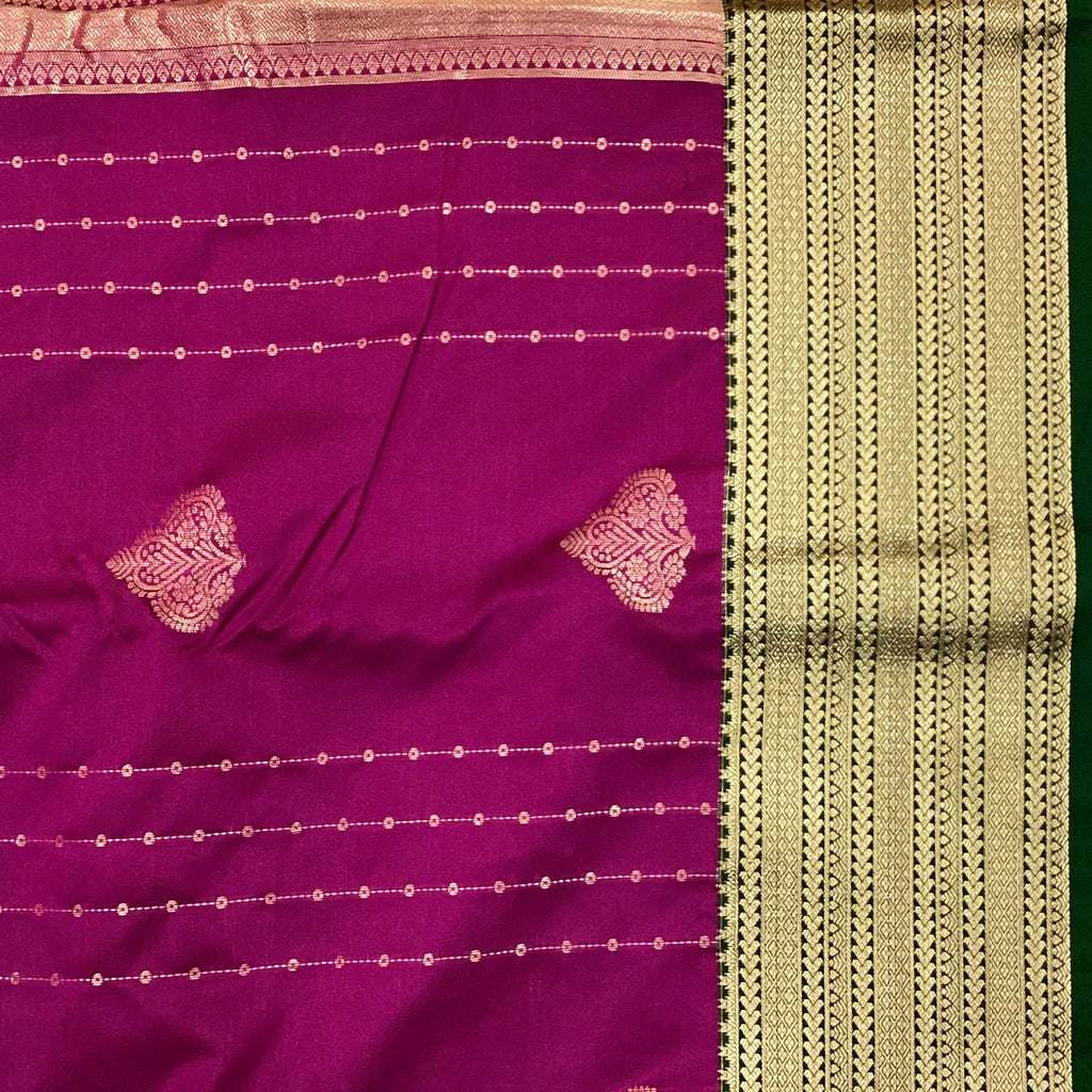 Magenta Silk Brocade Saree Champagne Gold Pallu Forest Green Border