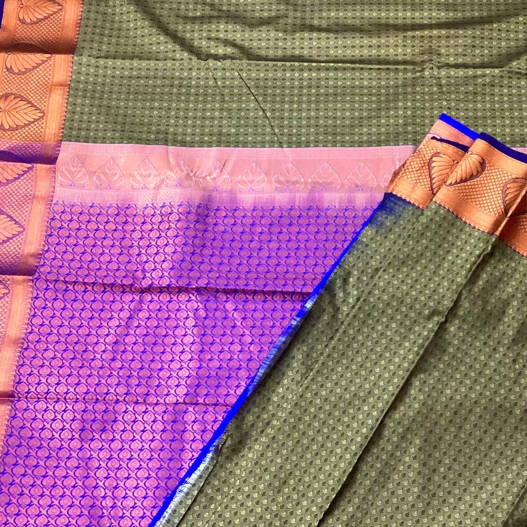 Cobalt Blue Olive Silk Saree with Rose Gold Leaf Border