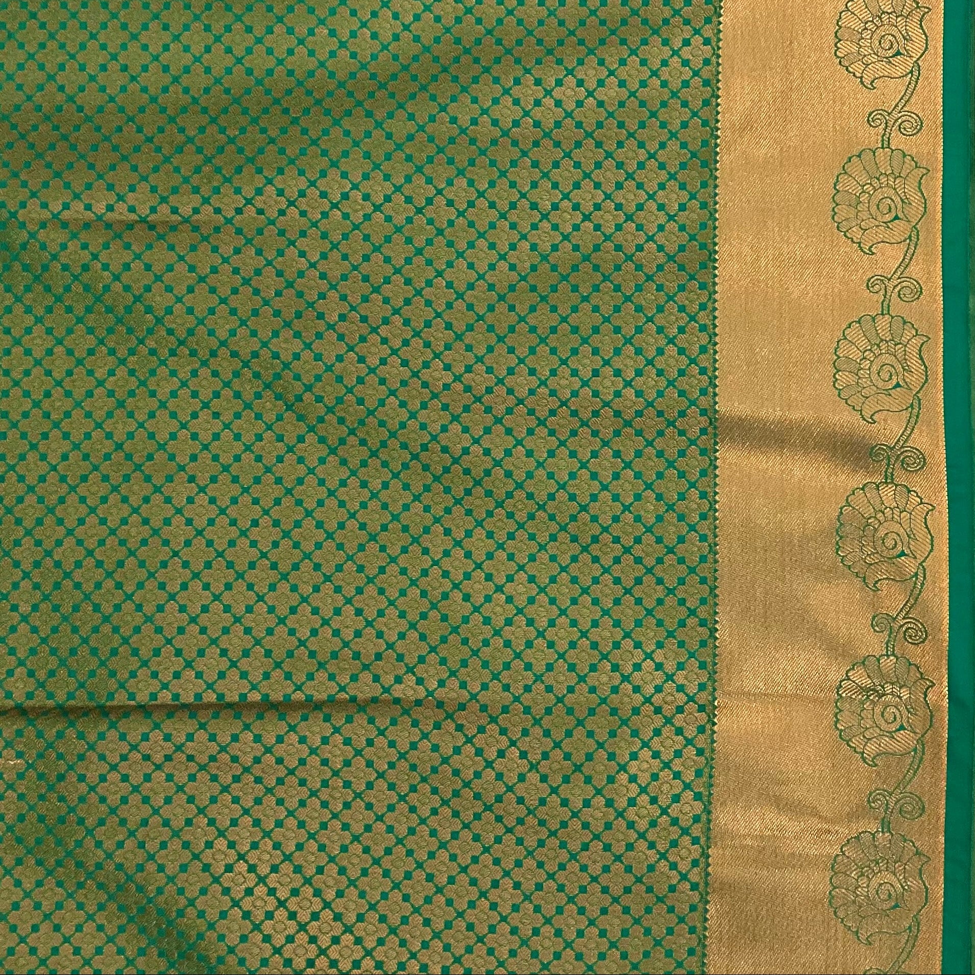 Cream Micro Diamond Saree with Teal Pallu and Copper Zari