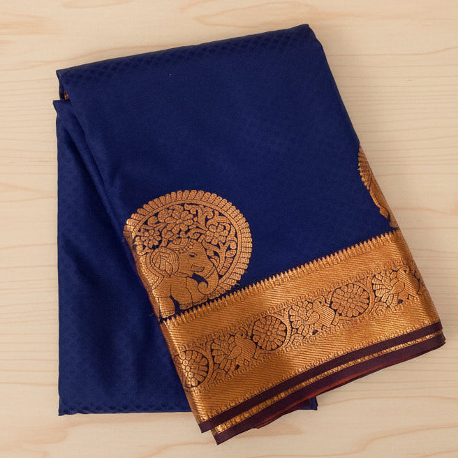 Cobalt Blue Silk Saree Copper Zari Pallu Elephant Border Traditional