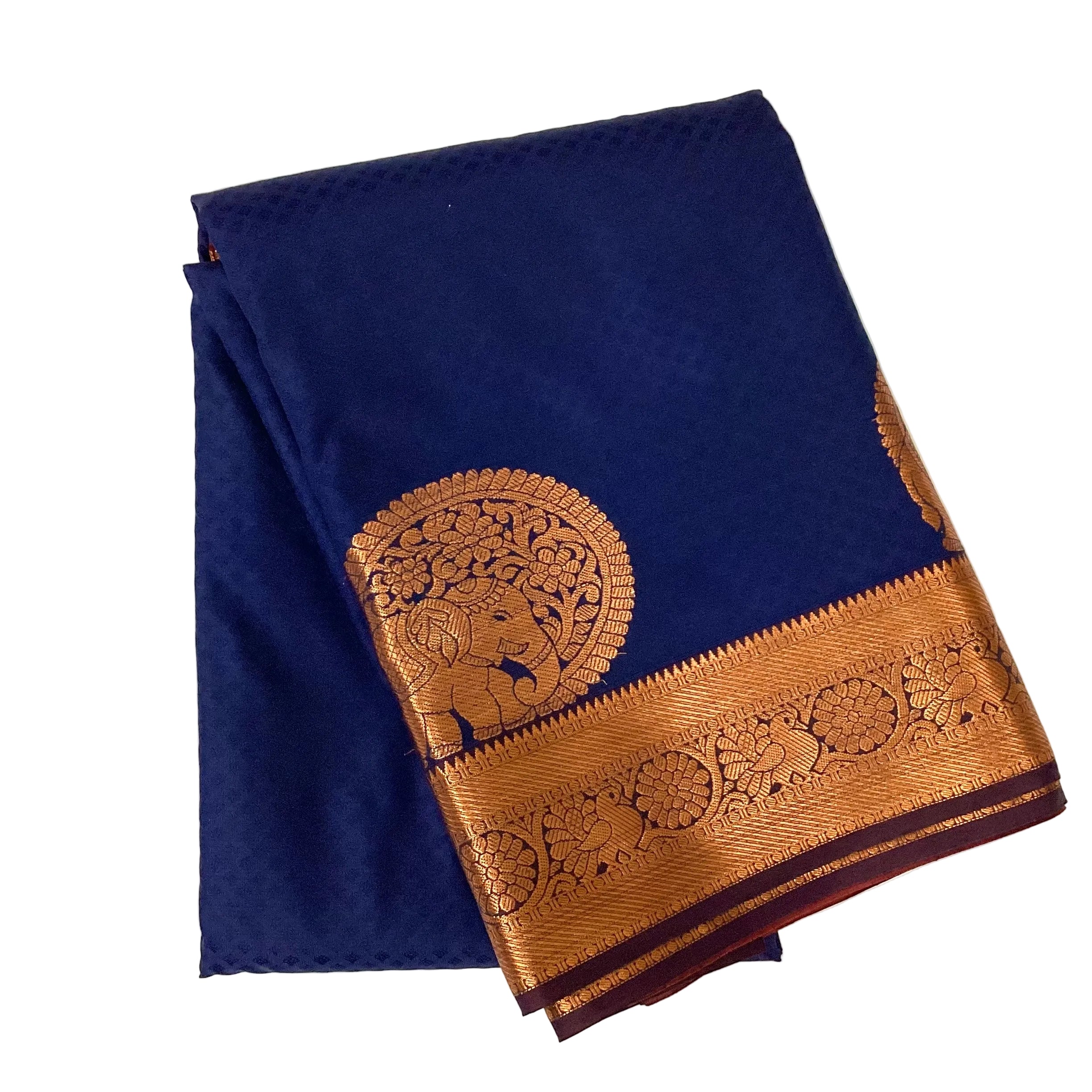 Cobalt Blue Silk Saree Copper Zari Pallu Elephant Border Traditional