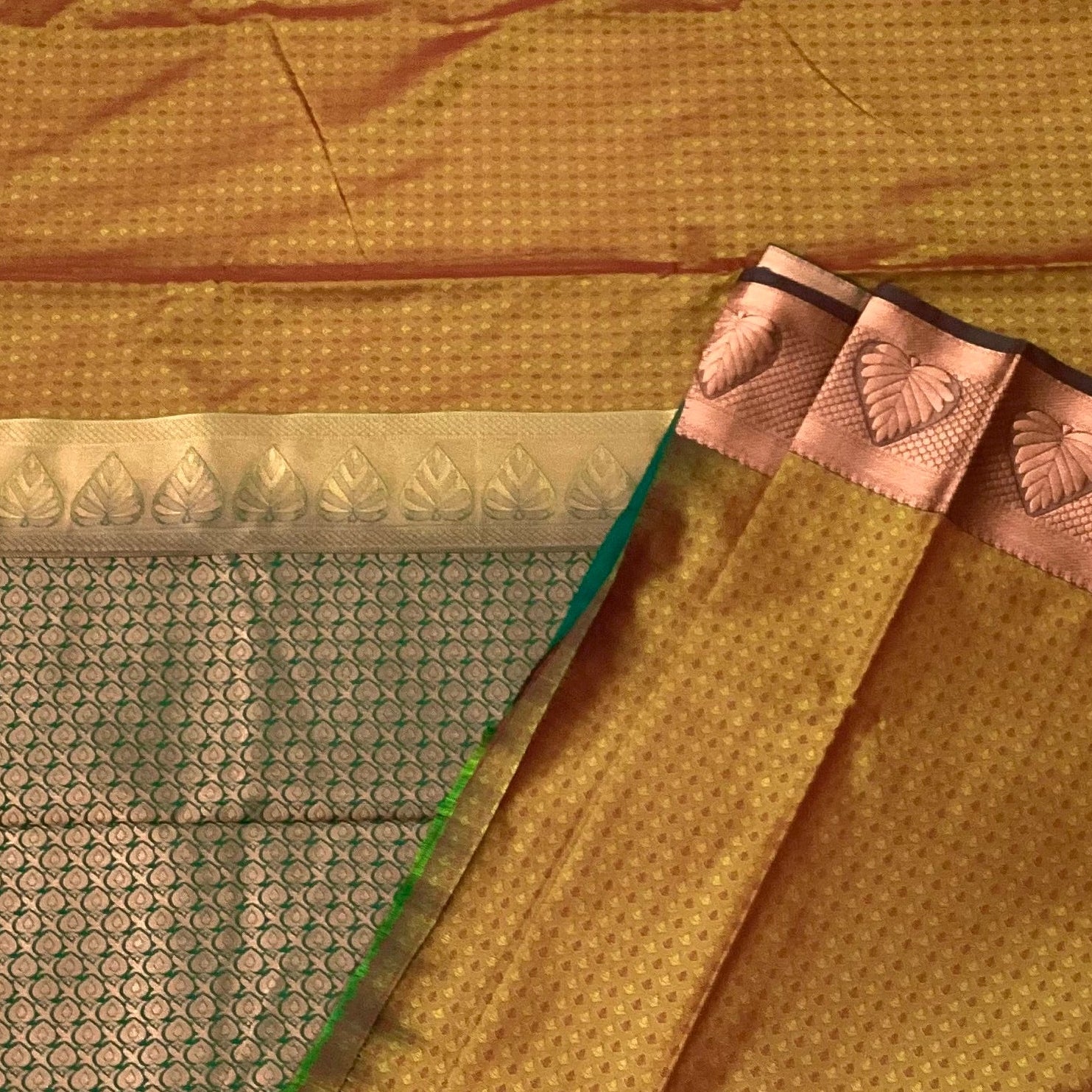 Copper Brown Saree With Copper Leaf Border And Teal Pallu