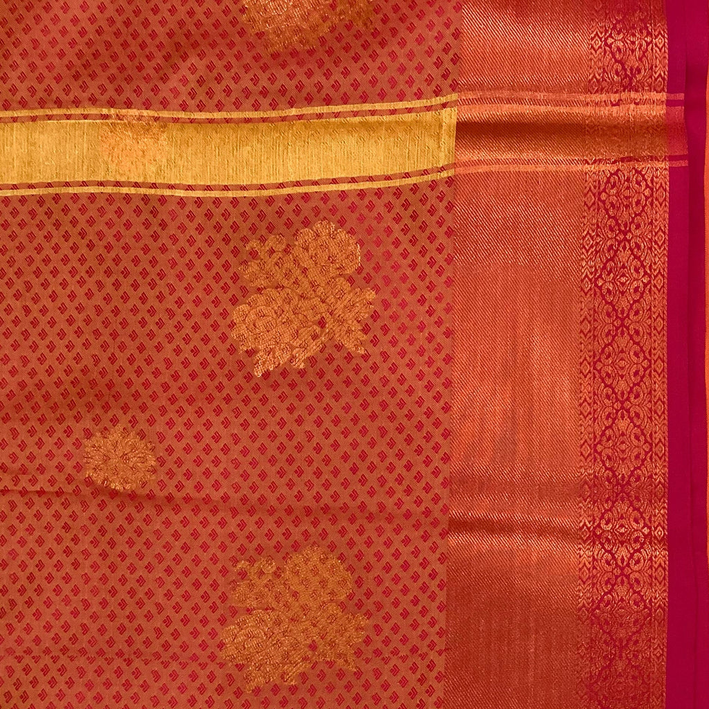 Saffron Maroon Pure Silk Saree With Golden Zari Floral Pallu