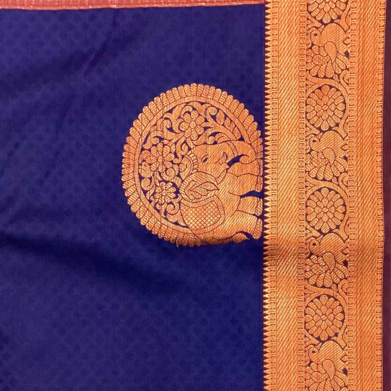 Cobalt Blue Silk Saree Copper Zari Pallu Elephant Border Traditional