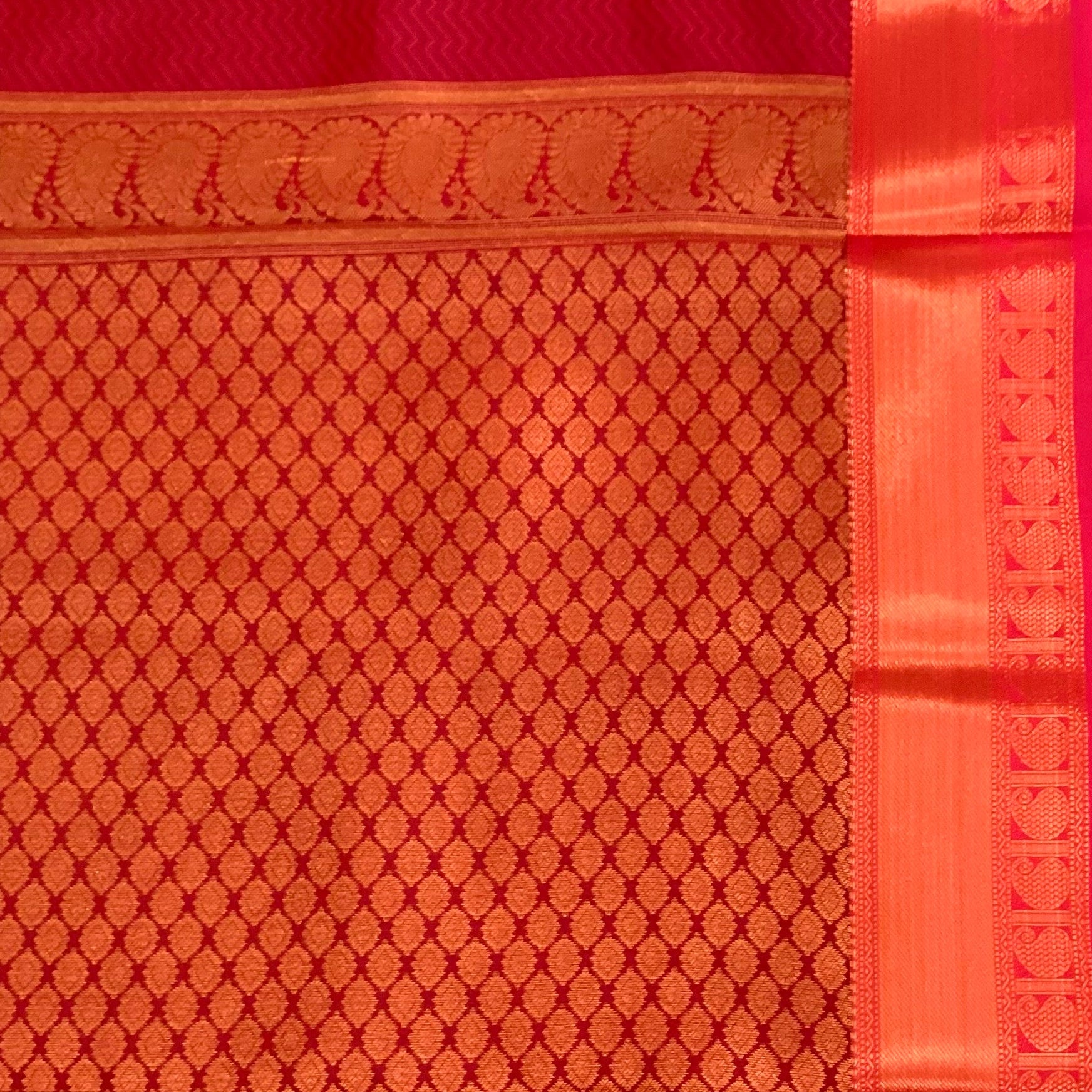Emerald Green Silk Saree Copper Orange Pallu Gold Buttas Traditional