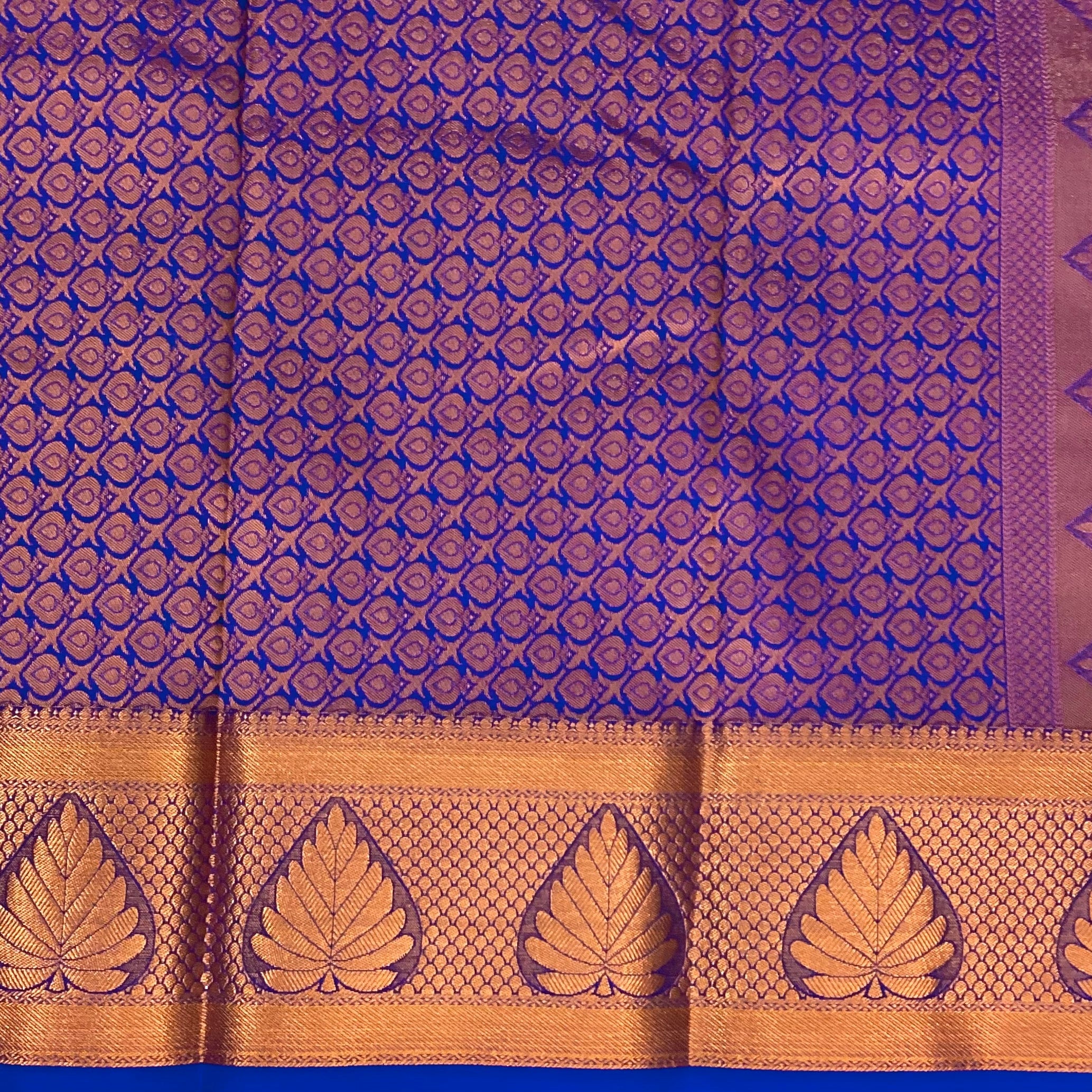 Cobalt Blue Olive Silk Saree with Rose Gold Leaf Border