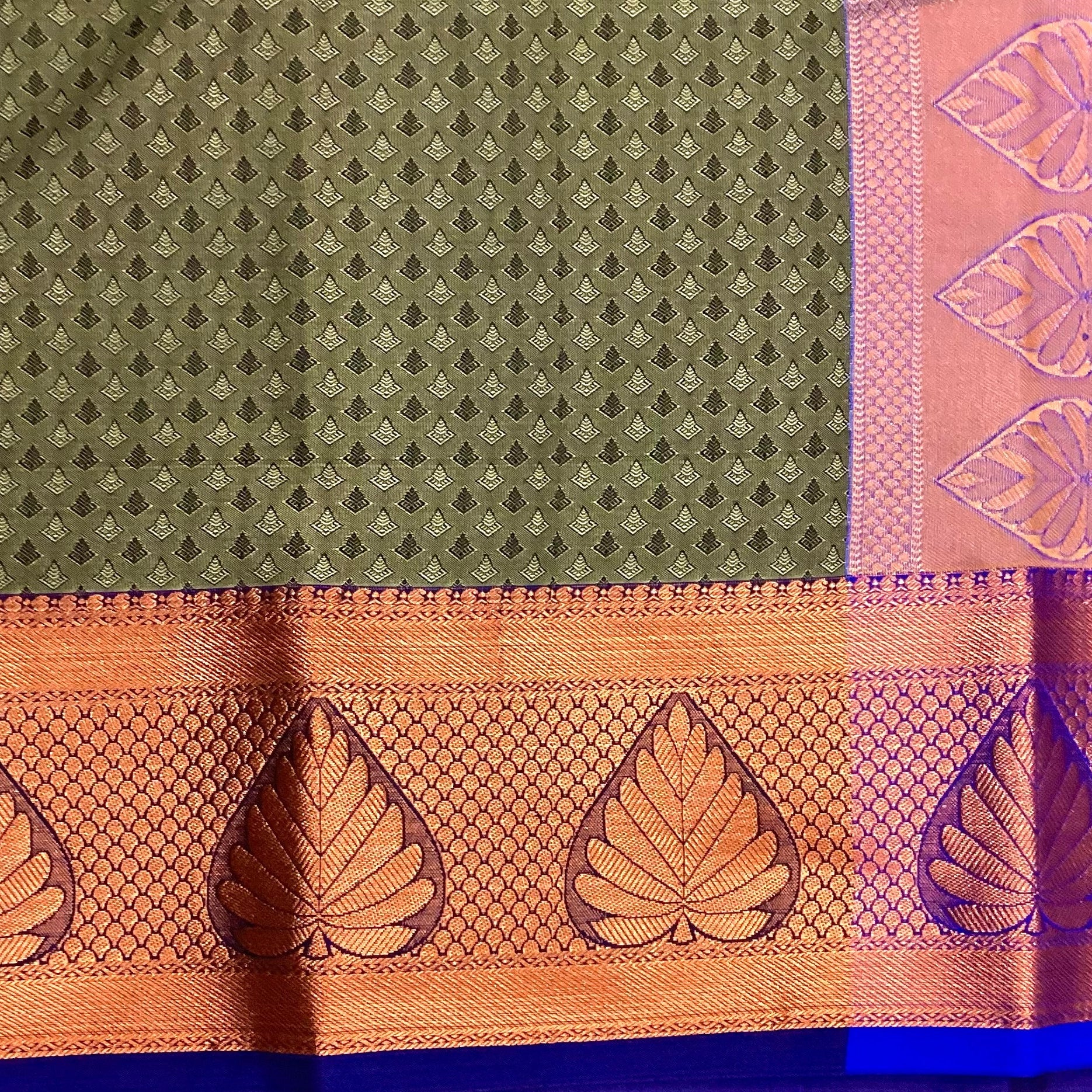 Cobalt Blue Olive Silk Saree with Rose Gold Leaf Border