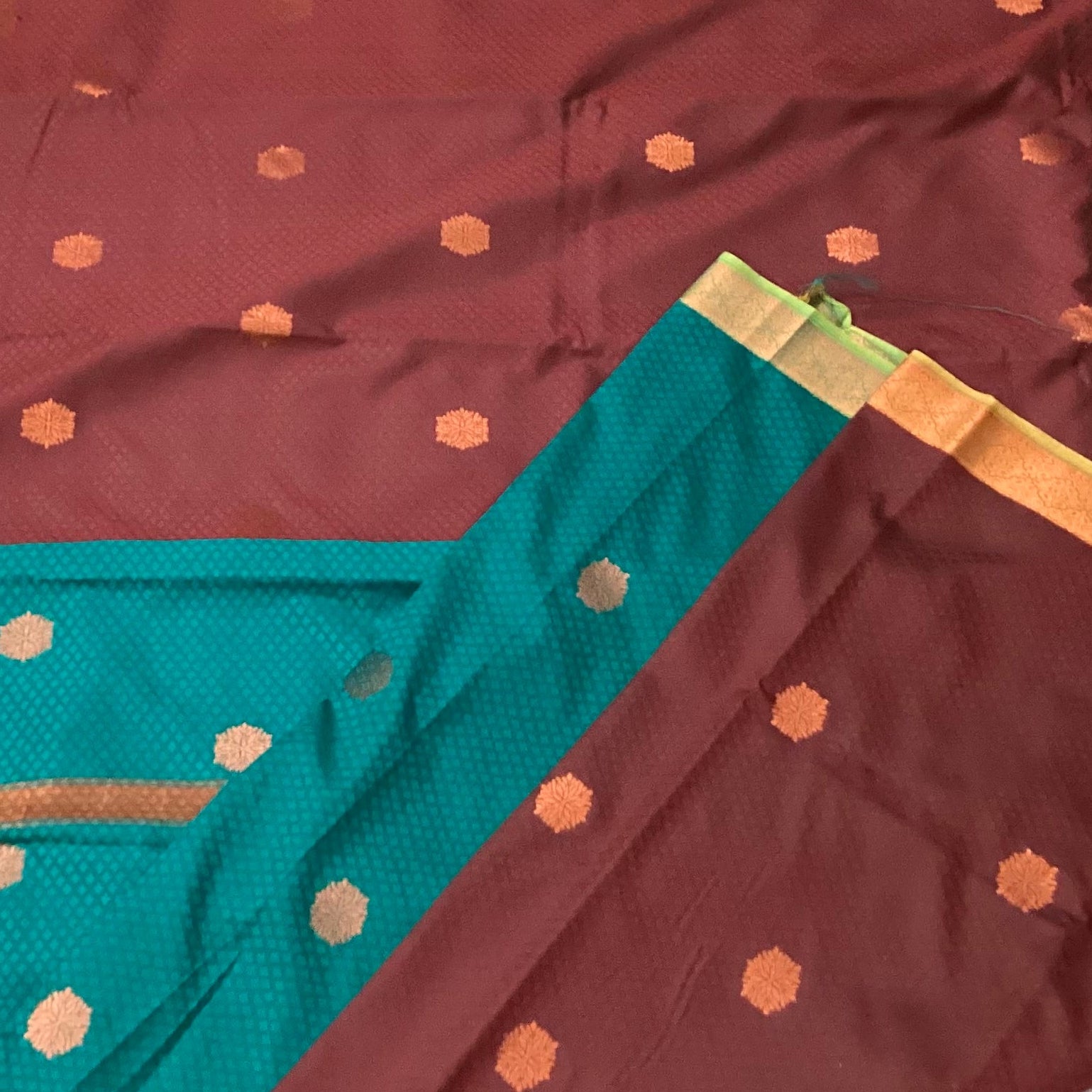 Teal Maroon Silk Saree Gold Zari Floral Buta Broad Border