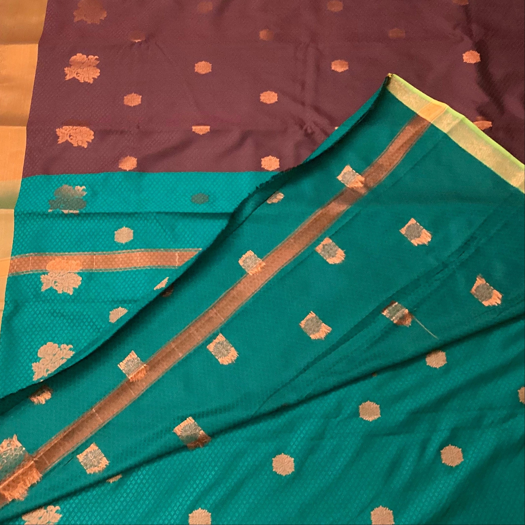 Elegant Teal Maroon Silk Saree Copper Floral Buttas Woven Border