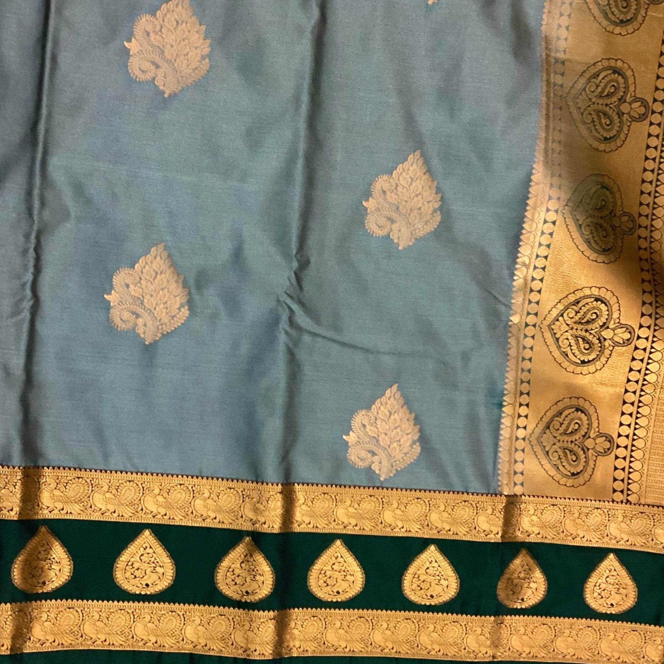 Slate Blue Saree Deep Emerald Pallu Antique Gold Zari