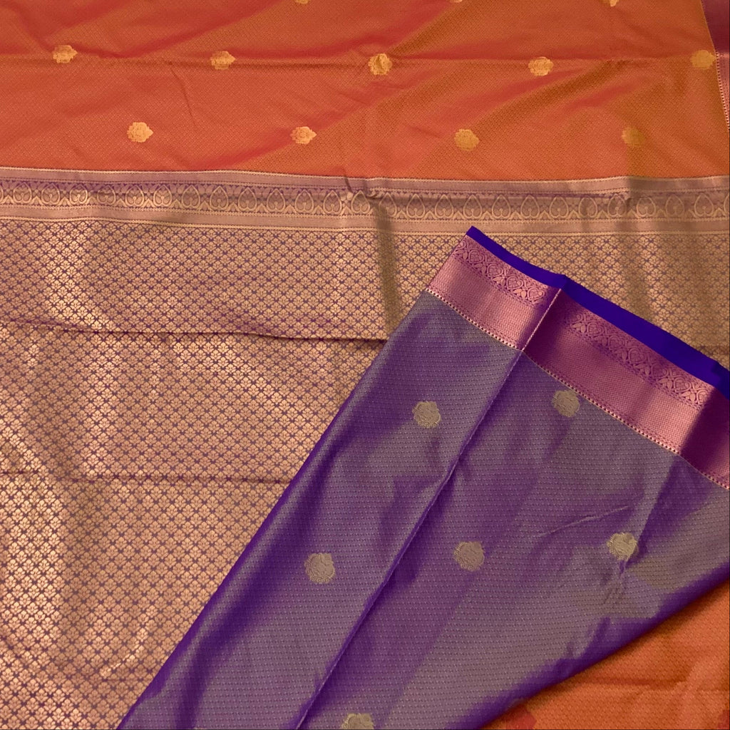 Rust Orange Silk Saree with Copper Buti and Purple Pallu