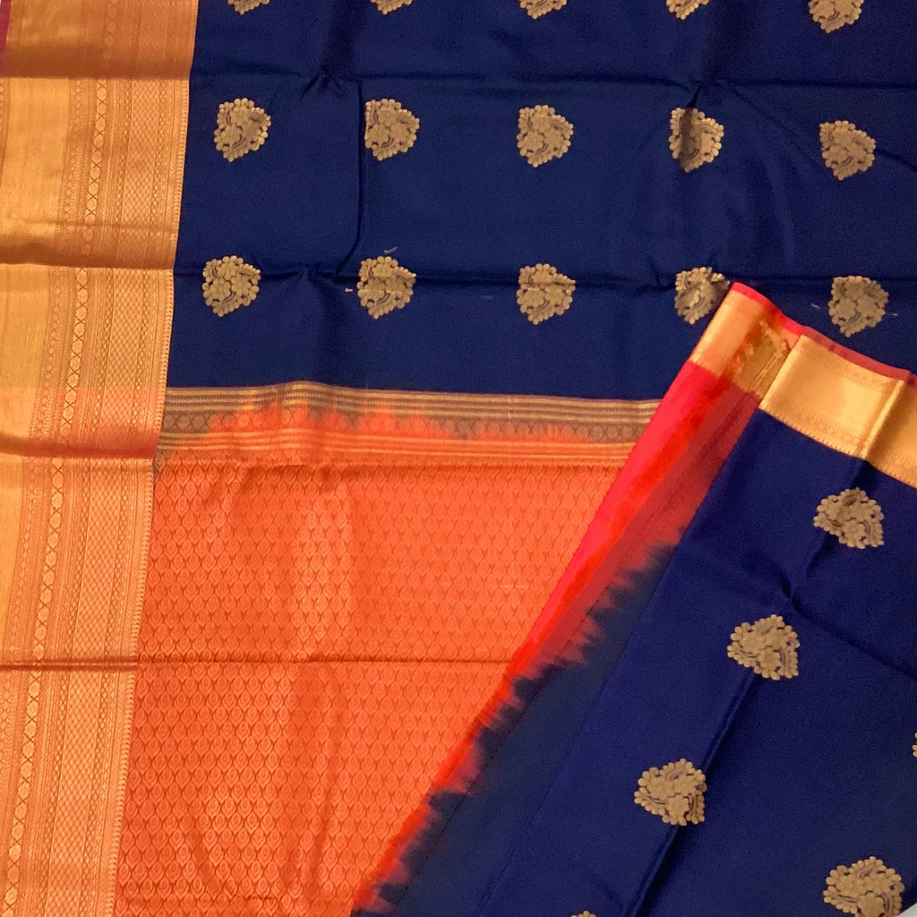 Navy Blue Silk Saree Red Pallu Gold Zari Border Traditional