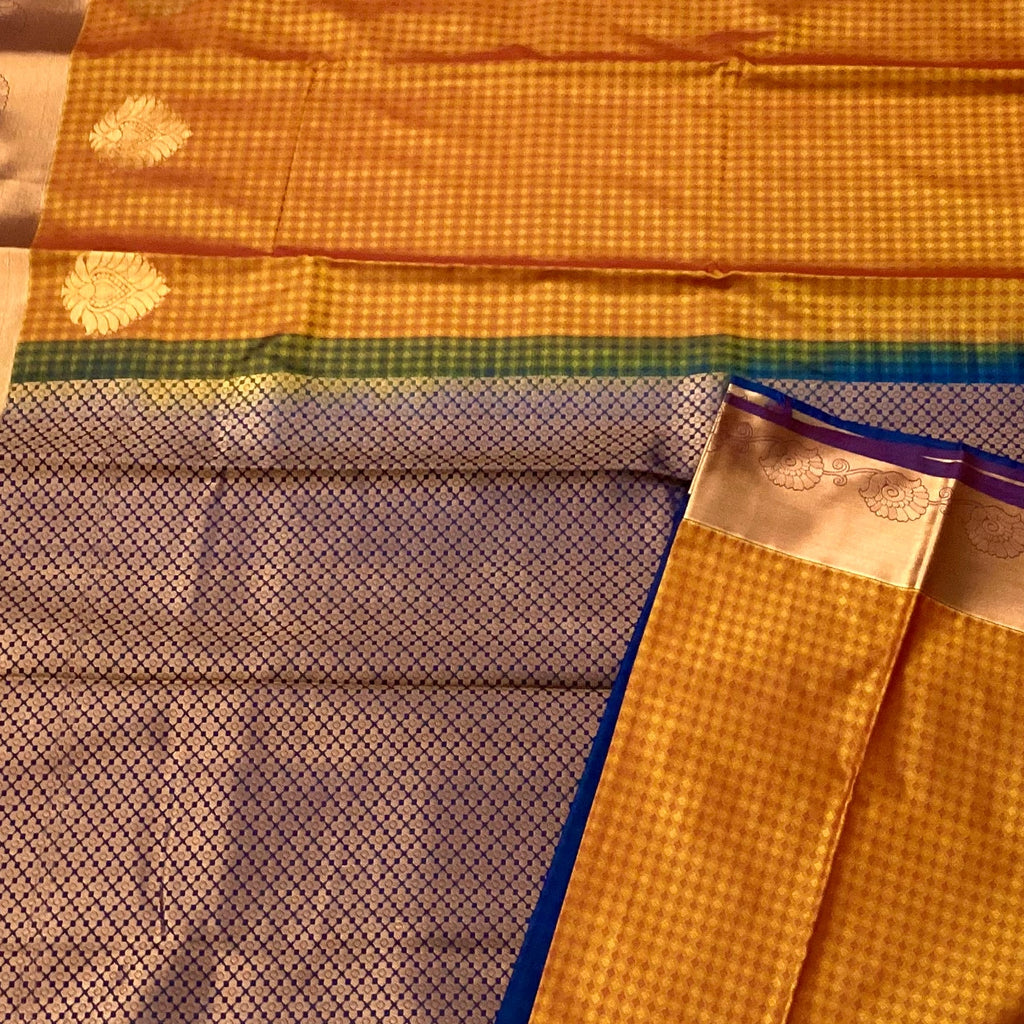 Burnt Orange Silk Saree Cobalt Blue Pallu Copper Zari Border
