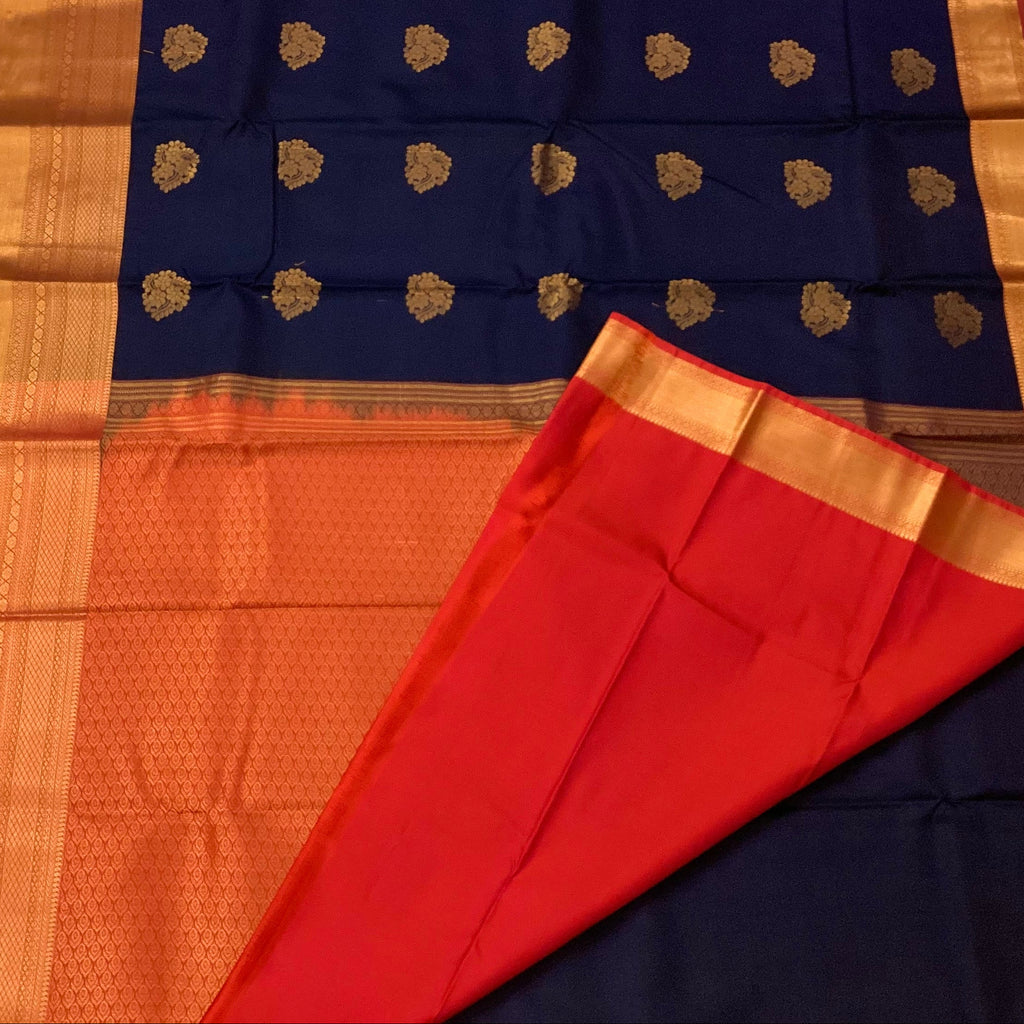 Navy Blue Silk Saree Red Pallu Gold Zari Border Traditional