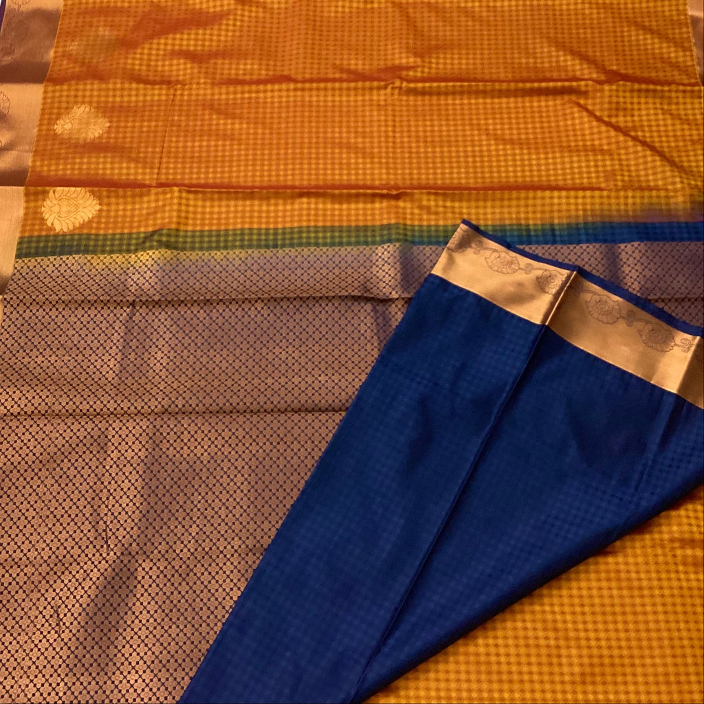Burnt Orange Silk Saree Cobalt Blue Pallu Copper Zari Border
