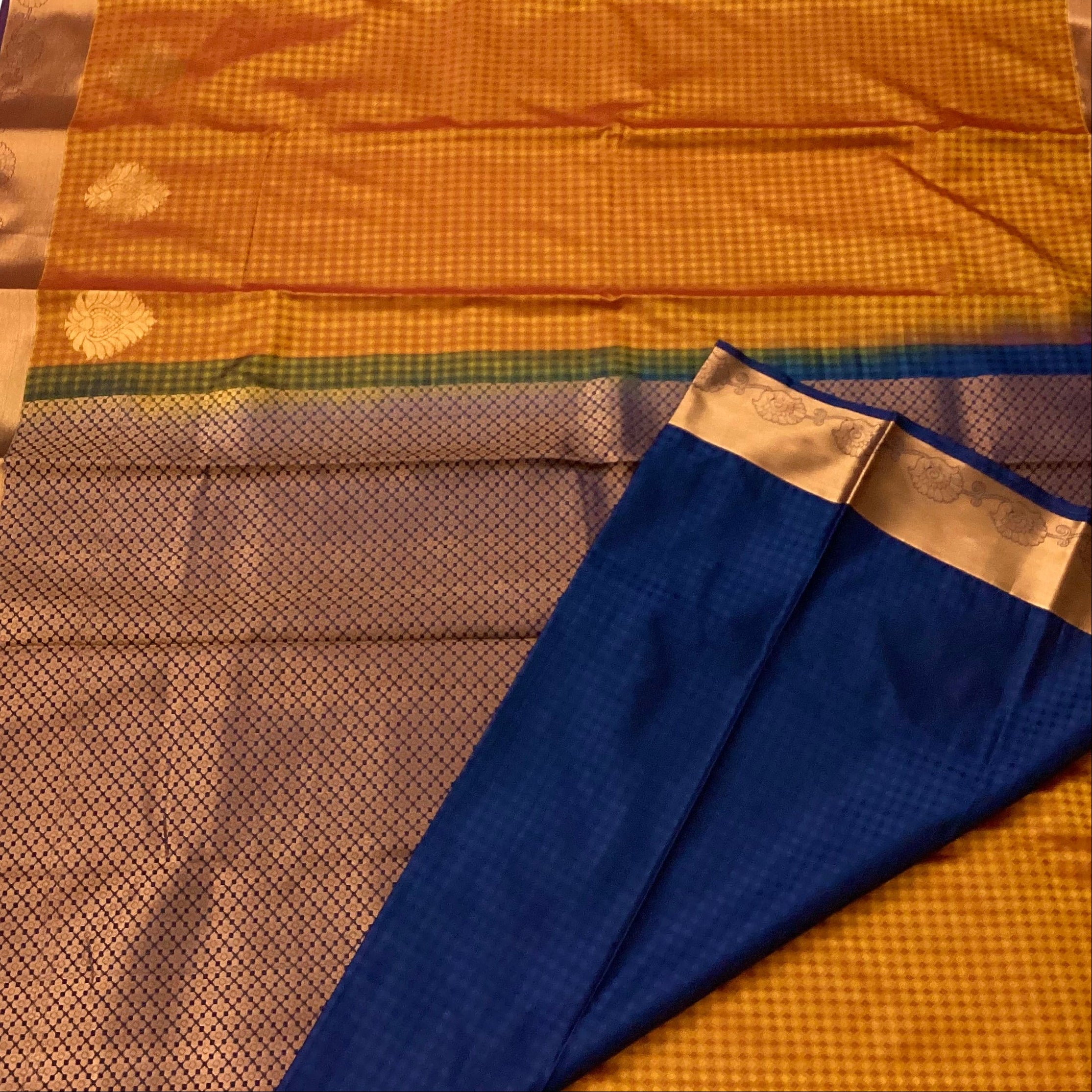 Burnt Orange Silk Saree Cobalt Blue Pallu Copper Zari Border