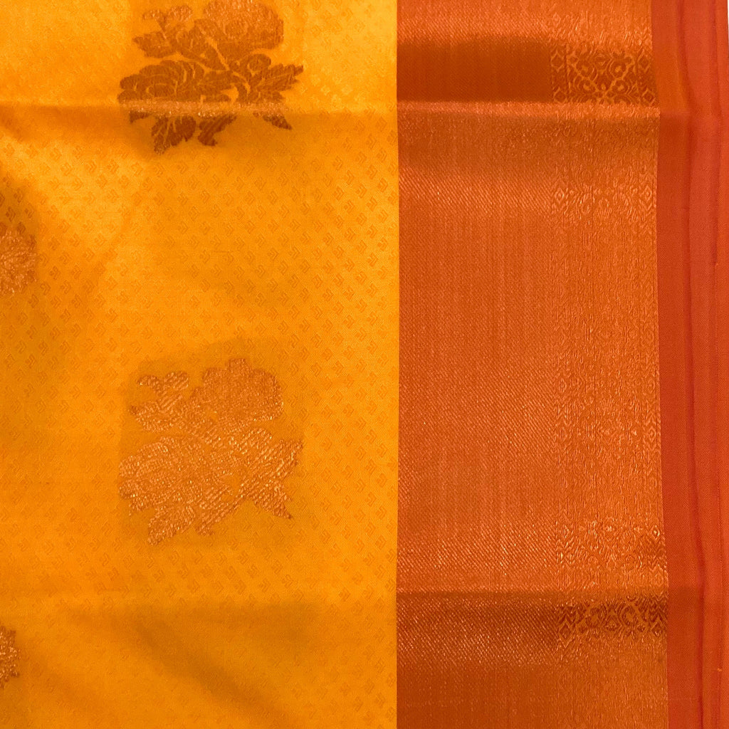 Saffron Maroon Pure Silk Saree With Golden Zari Floral Pallu