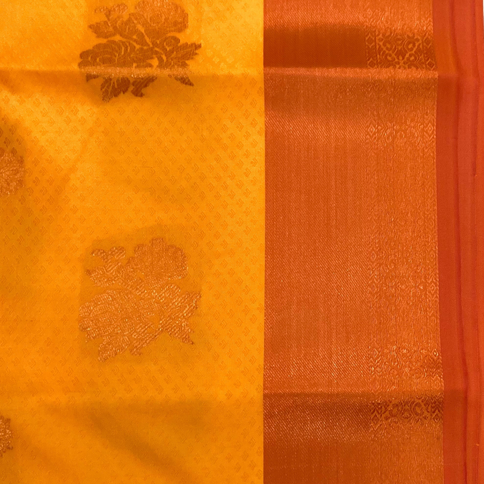 Saffron Maroon Pure Silk Saree With Golden Zari Floral Pallu