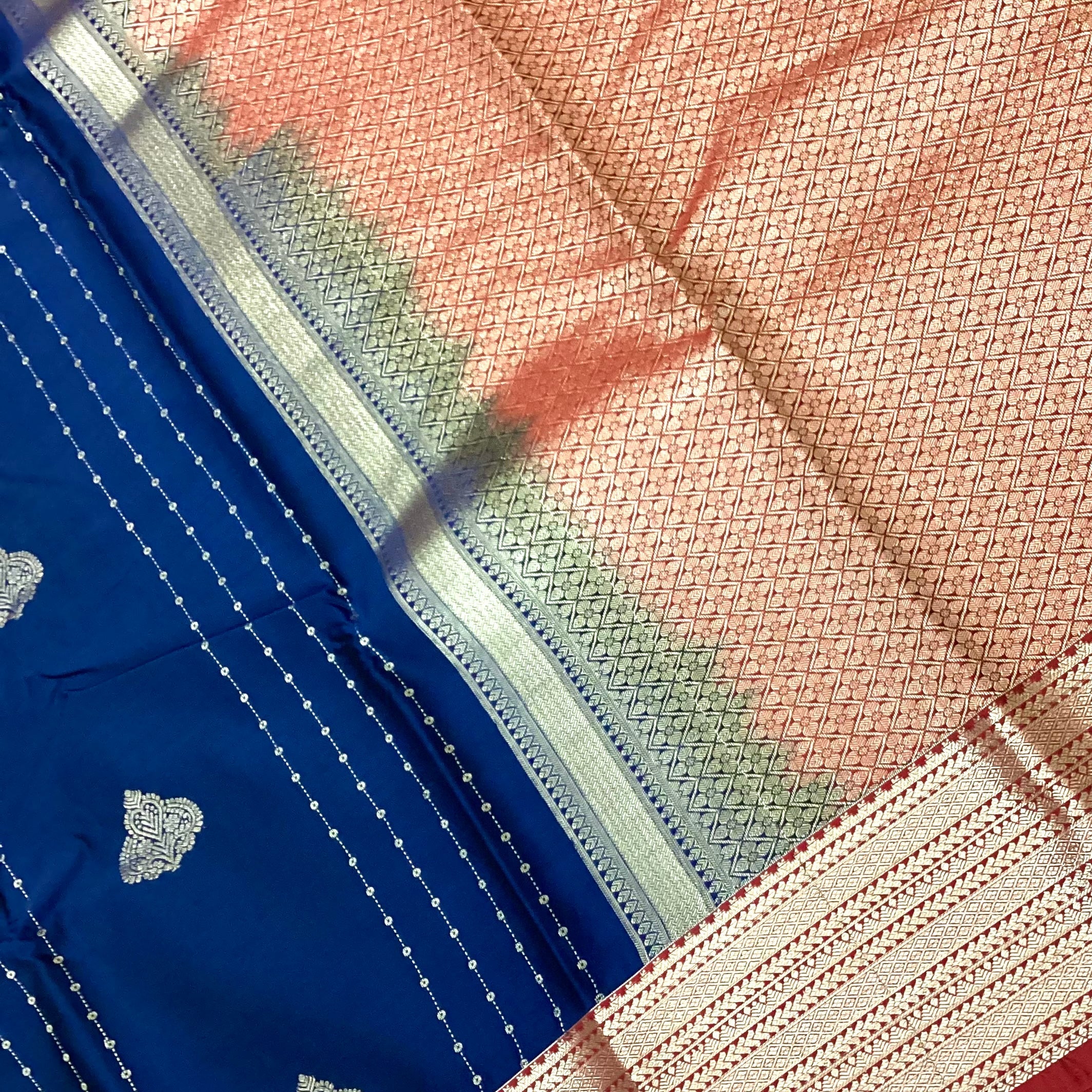 Royal Blue Silver Buti Woven Saree Pale Peach Pallu Crimson