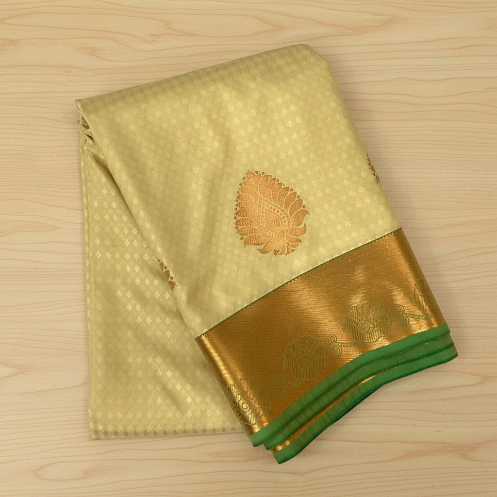 Cream Micro Diamond Saree with Teal Pallu and Copper Zari