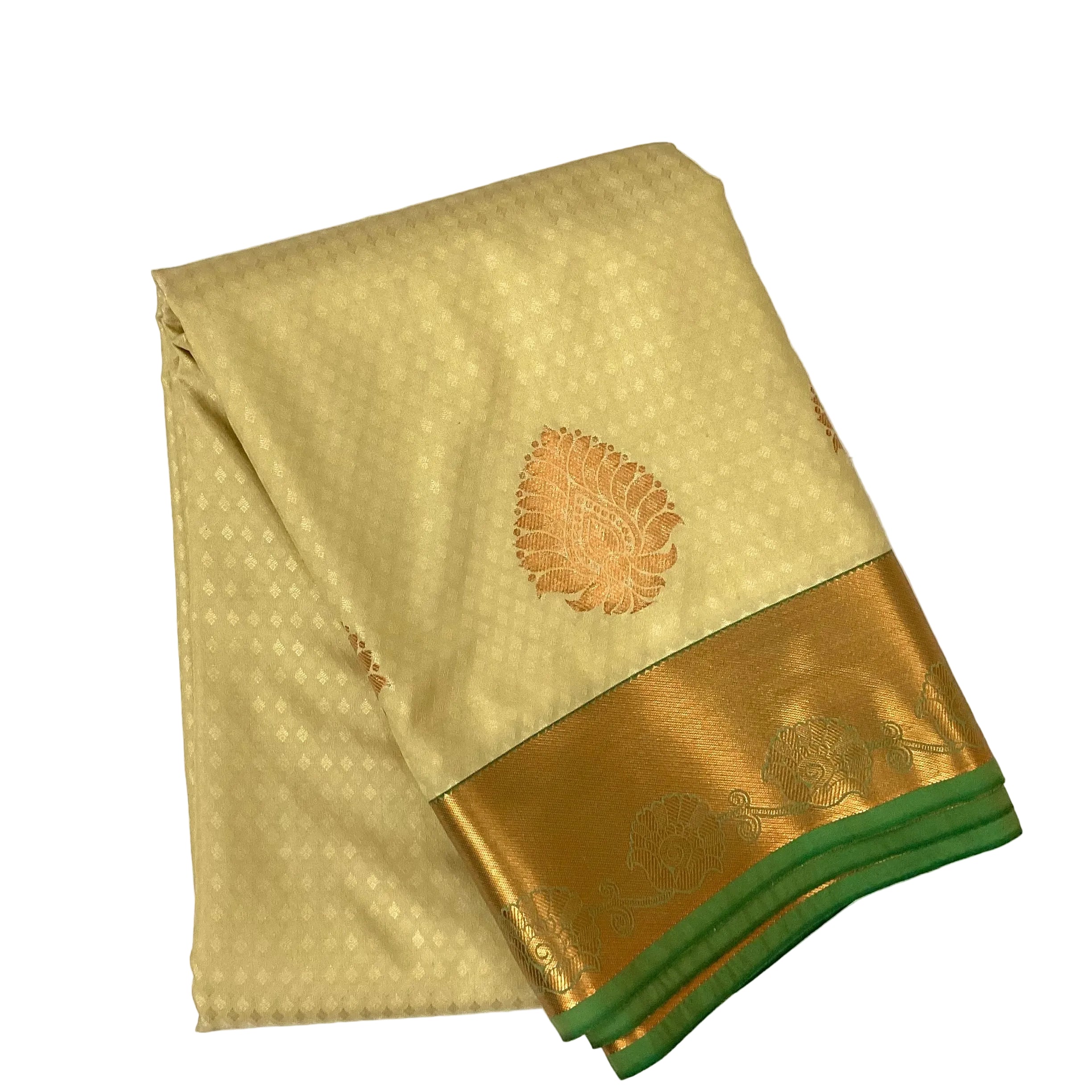 Cream Micro Diamond Saree with Teal Pallu and Copper Zari