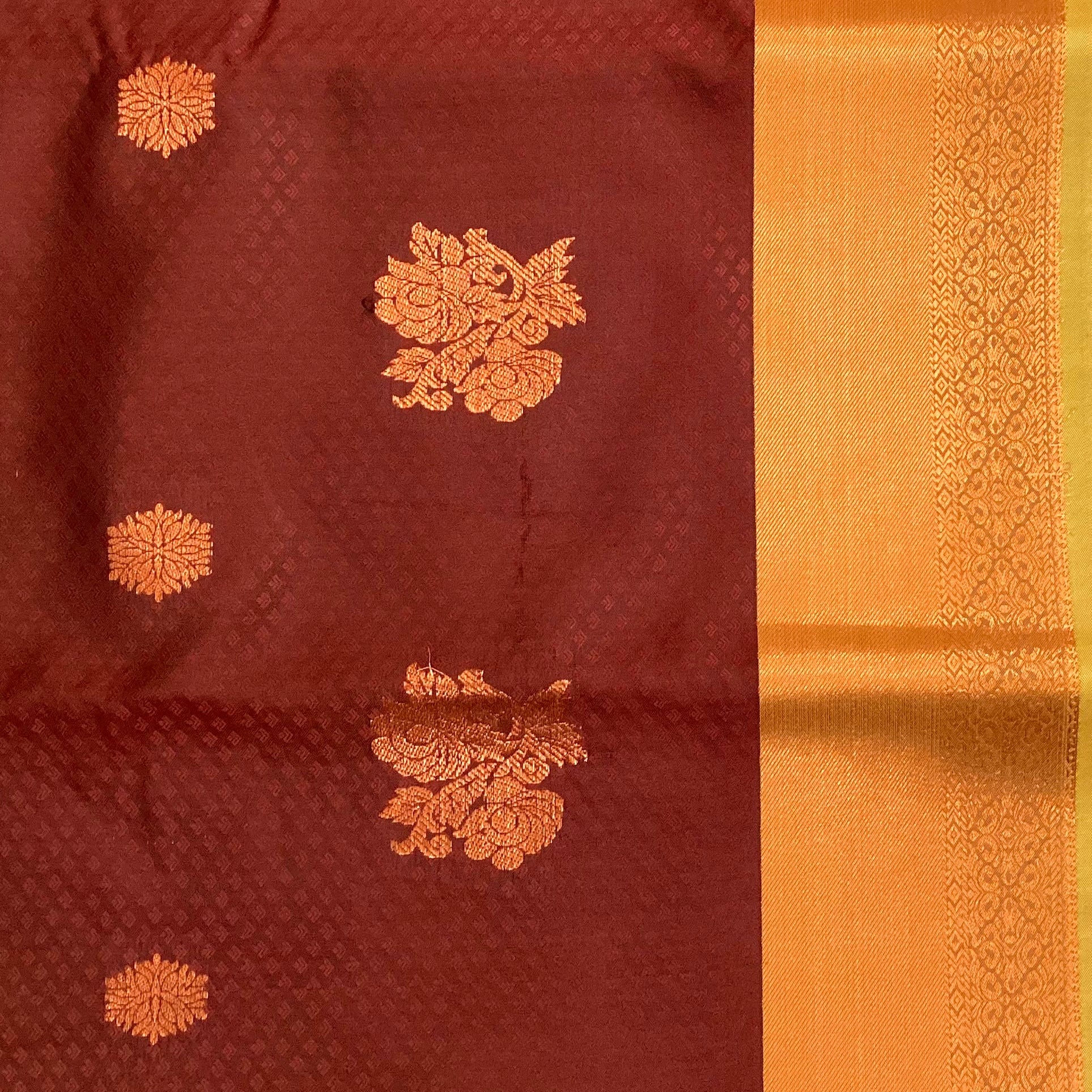 Teal Maroon Silk Saree Gold Zari Floral Buta Broad Border