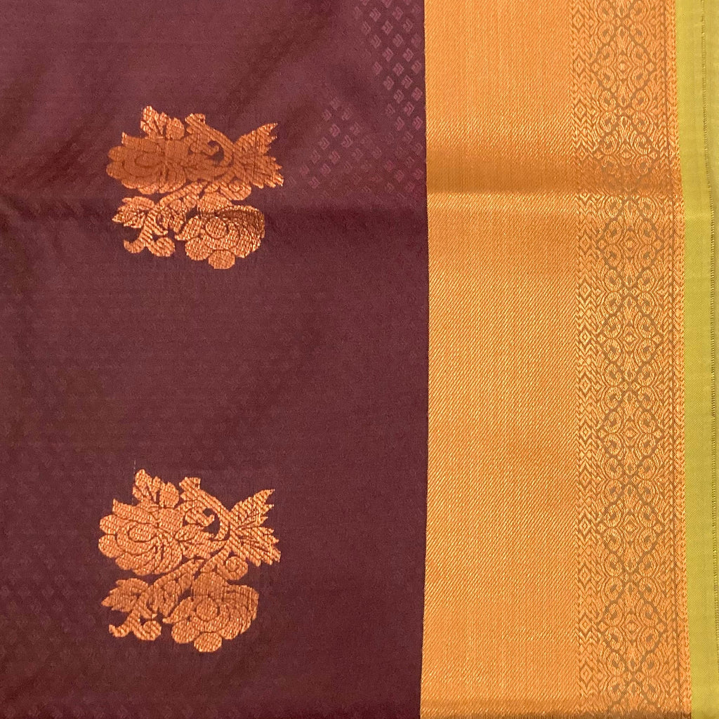Elegant Teal Maroon Silk Saree Copper Floral Buttas Woven Border