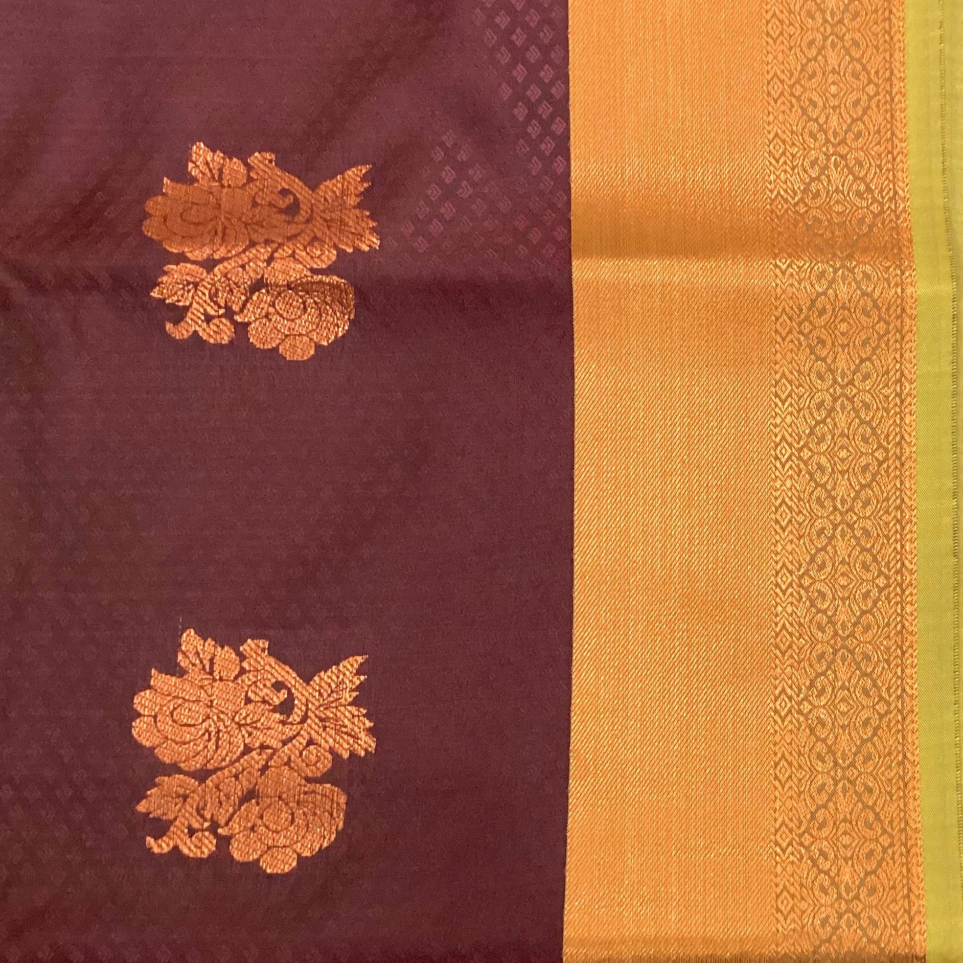Elegant Teal Maroon Silk Saree Copper Floral Buttas Woven Border