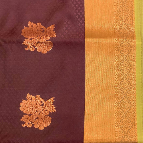 Elegant Teal Maroon Silk Saree Copper Floral Buttas Woven Border