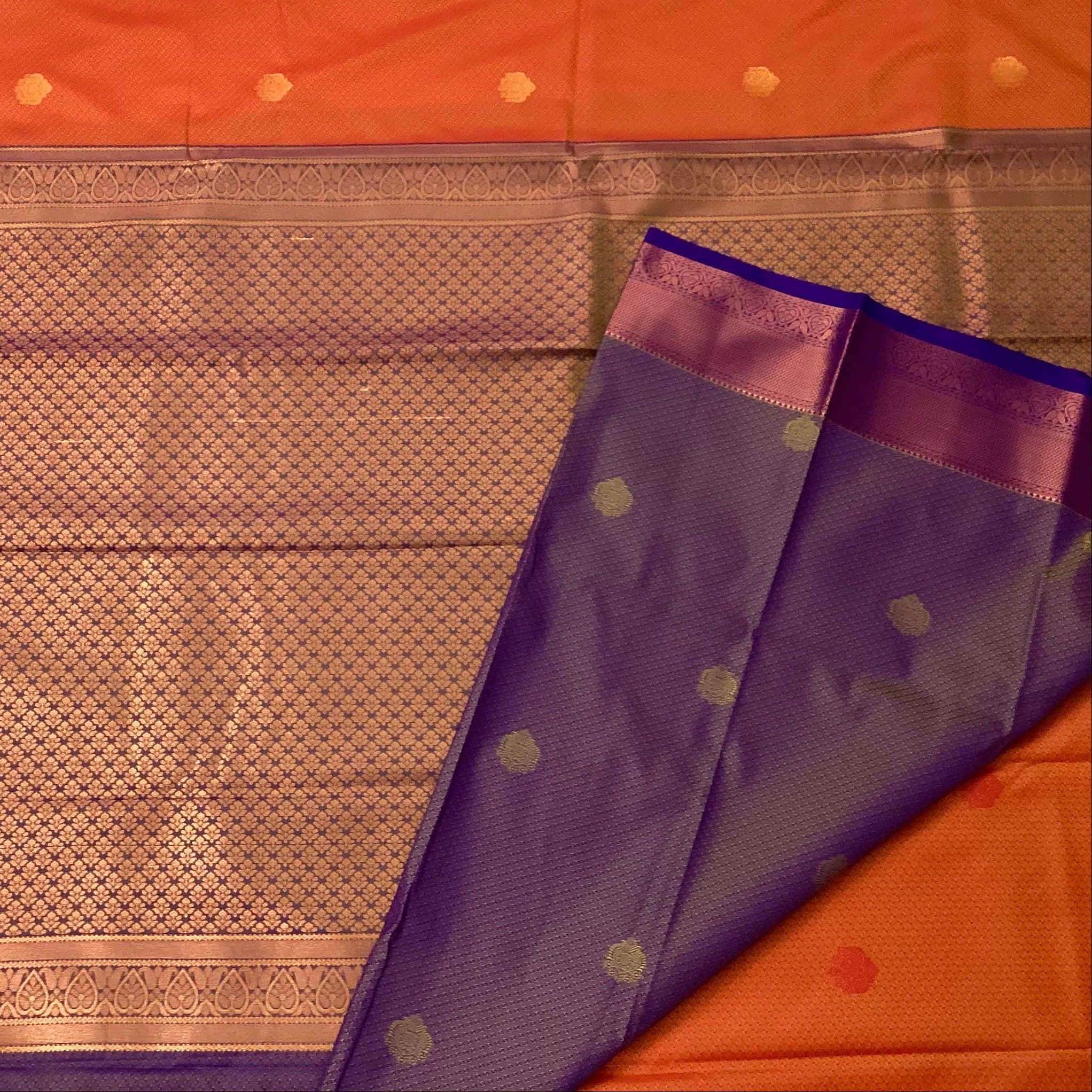 Burnt Orange Saree Violet Pallu Copper Gold Jaal