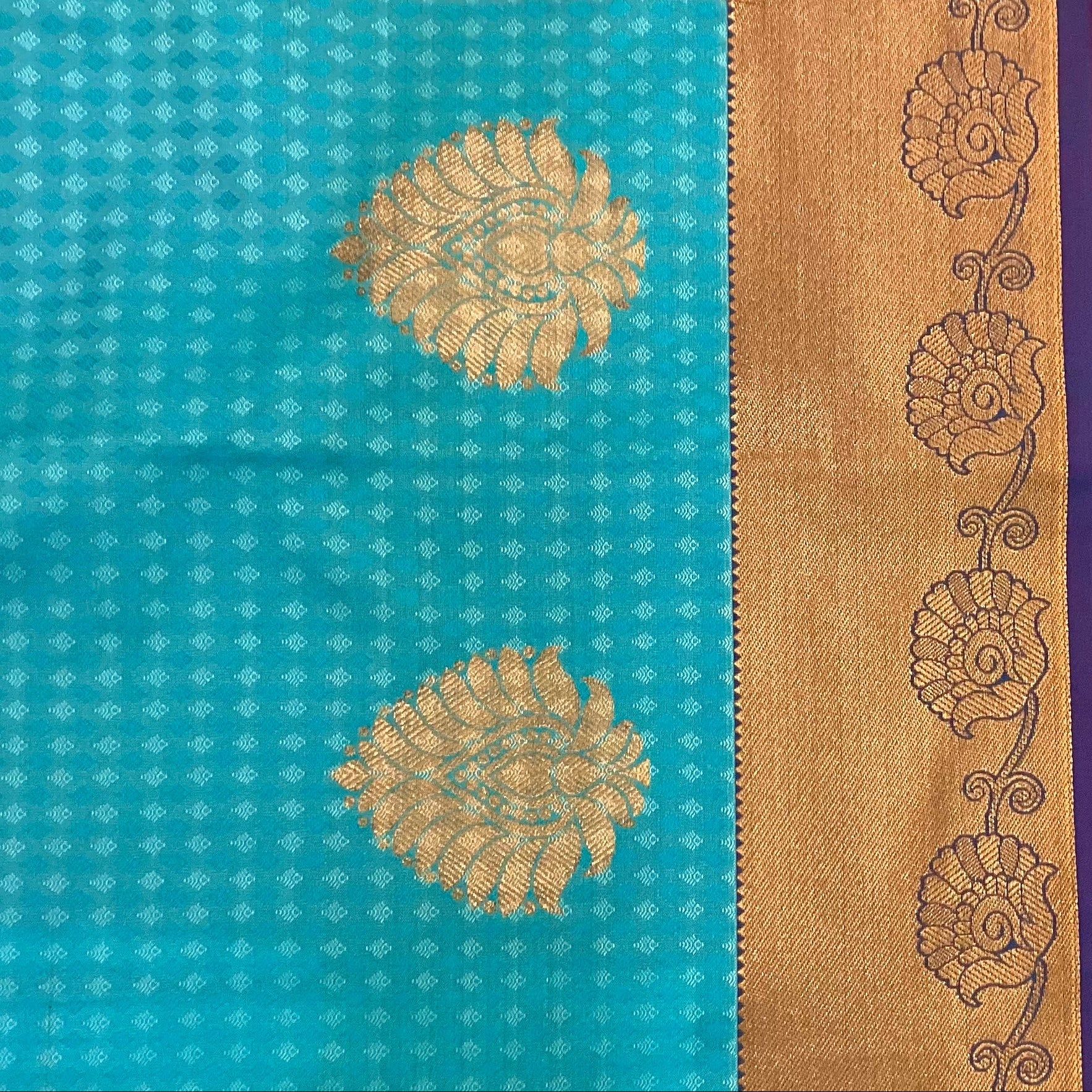 Turquoise Silk Saree with Magenta Pallu Antique Gold Zari Border
