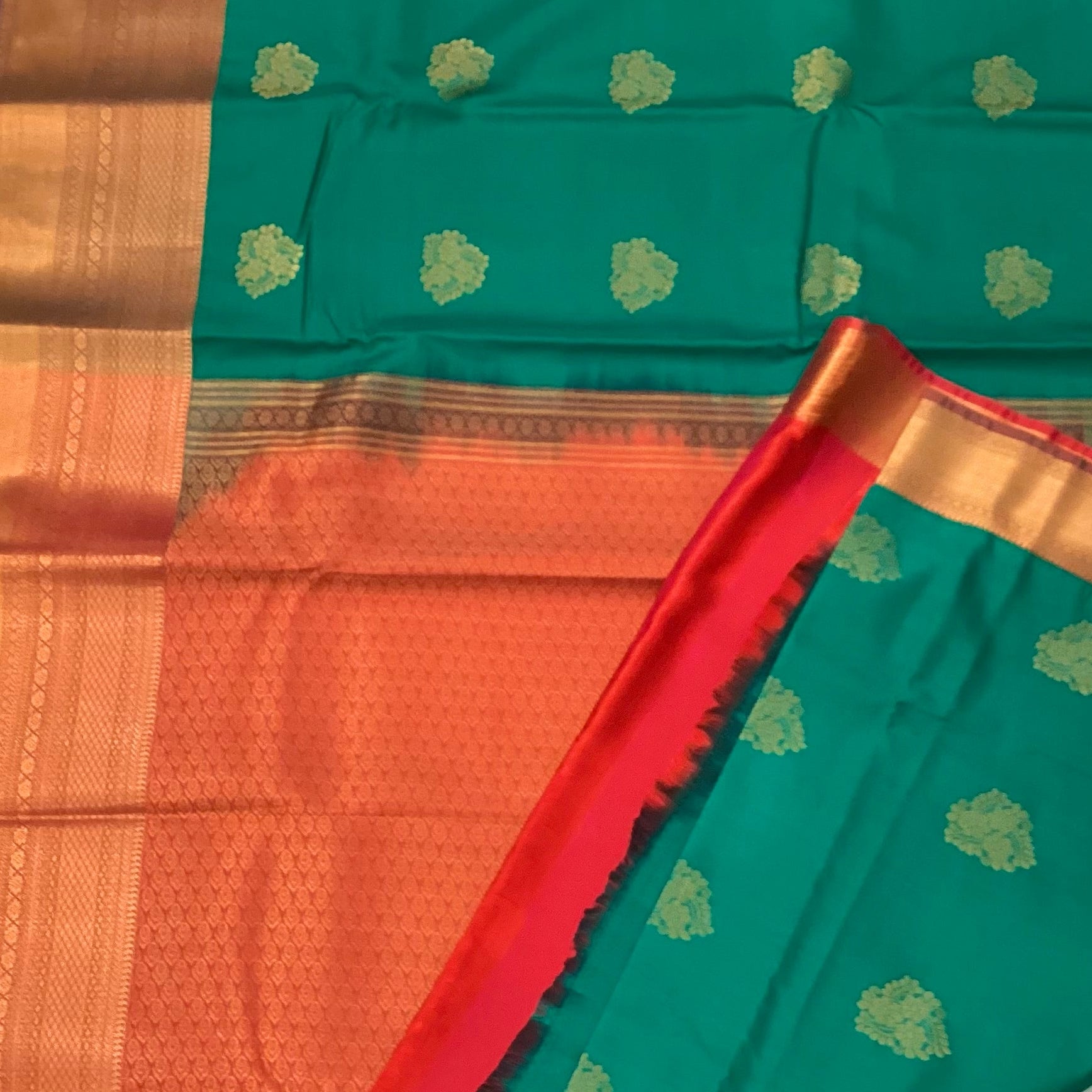 Teal Silk Saree Coral Pallu Gold Border Floral Buti Wedding
